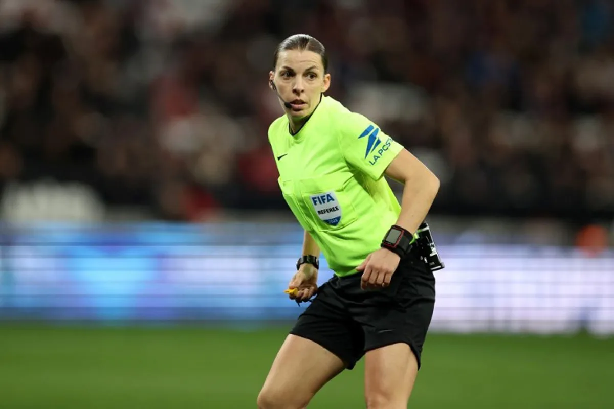 French referee Stephanie Frappart watches players during the French L1 football match between OGC Nice and Stade Brestois 29 (Brest) at the Allianz Riviera Stadium in Nice, south-eastern France, on February 1, 2026.   Valery HACHE / AFP