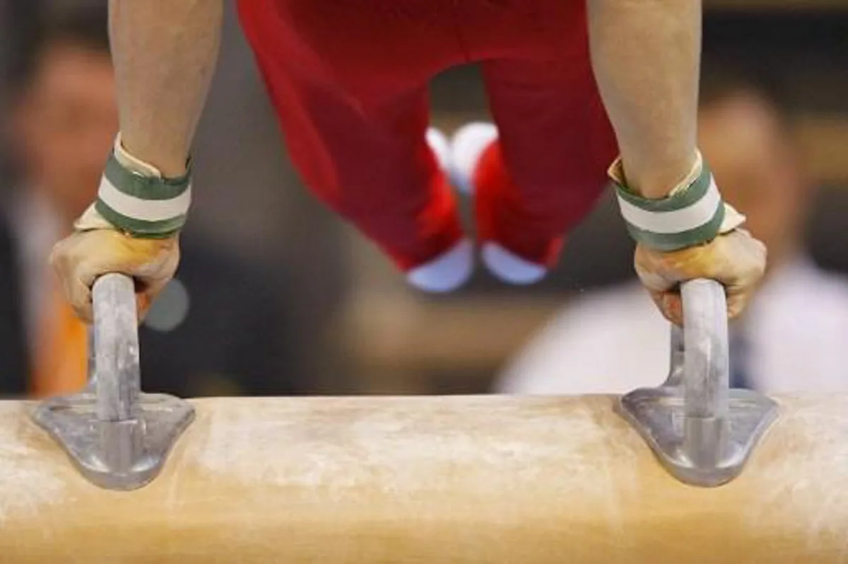 An athlete competes on the pommel horse during the 28th European Men's Artistic Gymnastics Junior Championships on May 9, 2008 at Malley sports center in Lausanne. A hundred and sixty-six athletes from 41 federations will compete in Switzerland from May 8th to 11th.   AFP PHOTO/OLIVIER MORIN