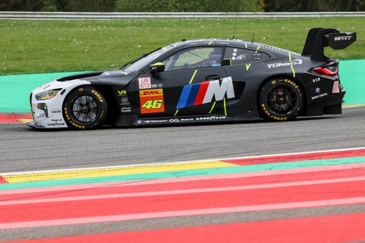 Team WRT drives their BMW car N° 46, droven by Ahmad Al Harthy, Valentino Rossi and Maxime Martin, during the FIA World Endurance Championship 2024 6 hour race of Spa-Francorchamps in Francorchamps, on May 10, 2024.  François WALSCHAERTS / AFP