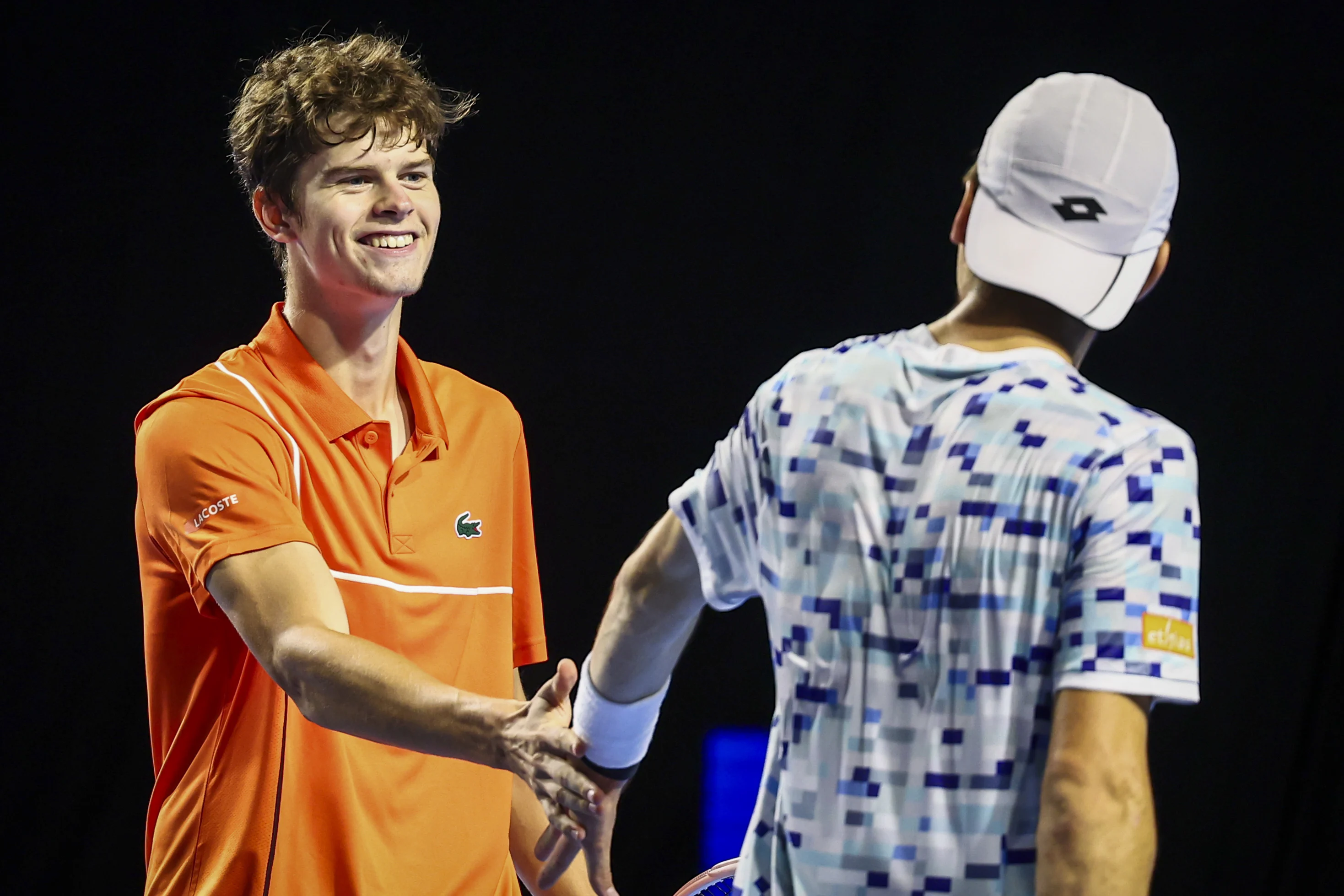 Belgian Alexander Blockx and Belgian Raphael Collignon pictured during a tennis match in the round of 16 of the doubles competition at the ATP European Open Tennis tournament in Antwerp, Wednesday 16 October 2024. BELGA PHOTO DAVID PINTENS