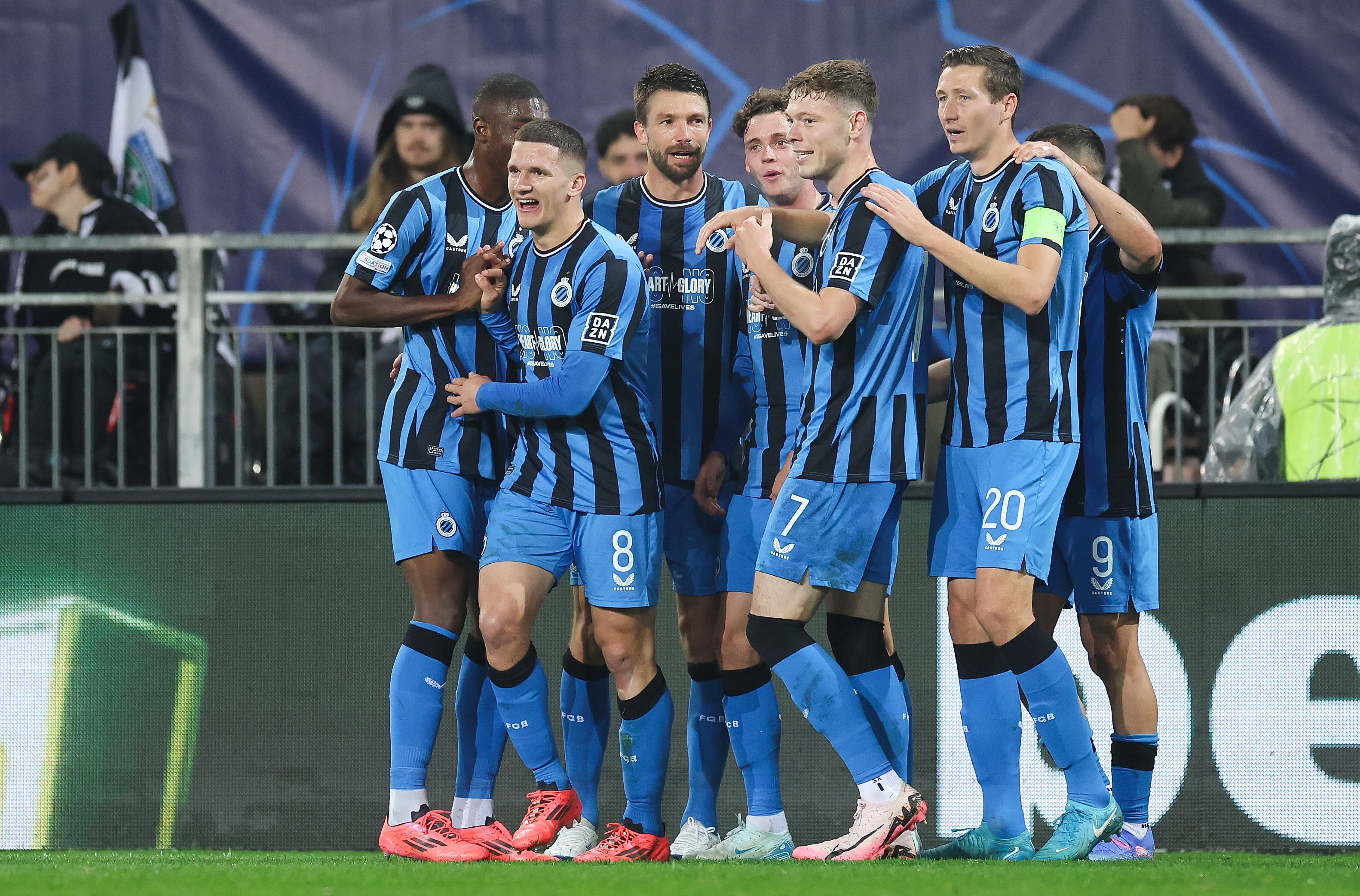 Players of Club Brugge celebrate a goal of his teammate Tzolis during the UEFA Champions League 2024/25 League Phase MD2 match between SK Sturm Graz and Club Brugge at Worthersee Stadium in Klagenfurt, Austria on October 2, 2024. Photo: Sanjin Strukic/PIXSELL BELGIUM ONLY