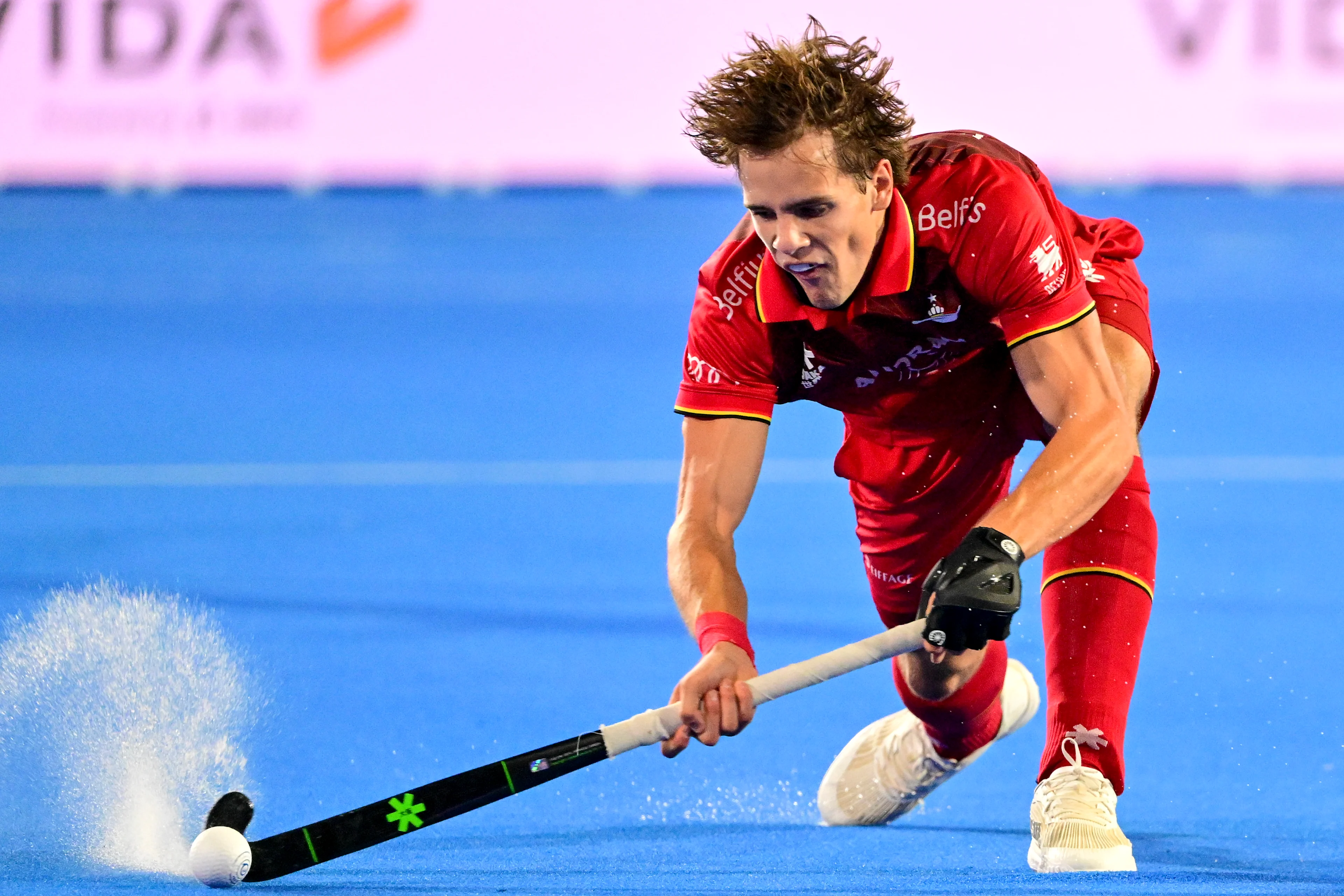 Belgium's Lucas Balthazar pictured in action during a hockey game between Belgium's Red Lions and France, the first (out of three) matches during the group stage of the men's 2026 Hockey World Cup, Saturday 15 August 2026 in Wavre. The 2026 edition of the Hockey World Cup takes place in Belgium and The Netherlands from August 15 to August 30. BELGA PHOTO DIRK WAEM