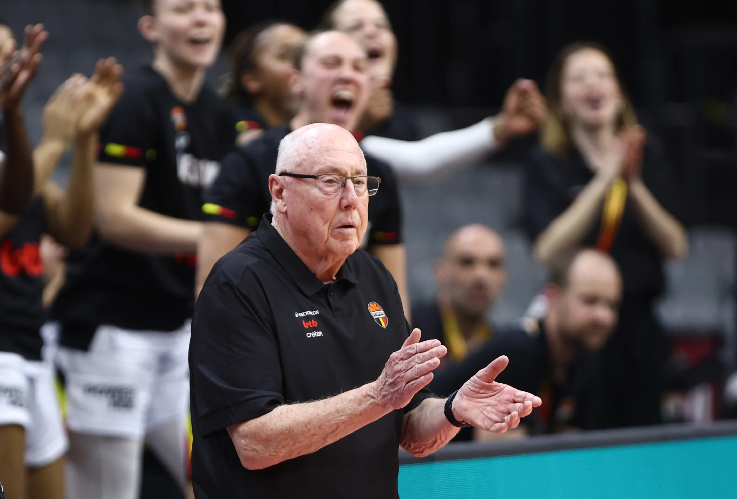 Belgium's head coach Mike Thibault celebrates during a basket game between Belgium's national team Belgian Cats and Mali, in Wuhan, China, on Saturday 14 March 2026, the third game (out of 5) of the qualifications phase for the World Cup Basket tournament. BELGA PHOTO NIKOLA KRSTIC