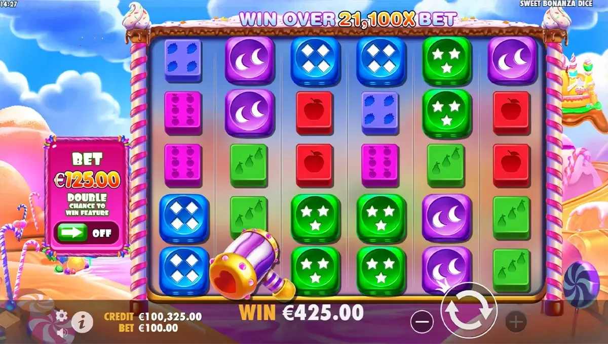Cascading reels gameplay op Sweet Bonanza Dice van Pragmatic Play, met vallende symbolen na elke winnende combinatie