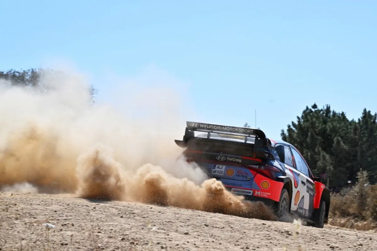 Belgium driver Thierry Neuville steers his Hyundai i20N Rally 1 assisted by his co-driver Martijn Wydaeghe, as they compete in the SS15 special between San Giacomo and Plebi during the 22nd edition of the Rally Italia Sardegna, 6th round of the FIA World Rally Championship (WRC), near Olbia, Sardinia, on June 8, 2025. Andreas SOLARO / AFP