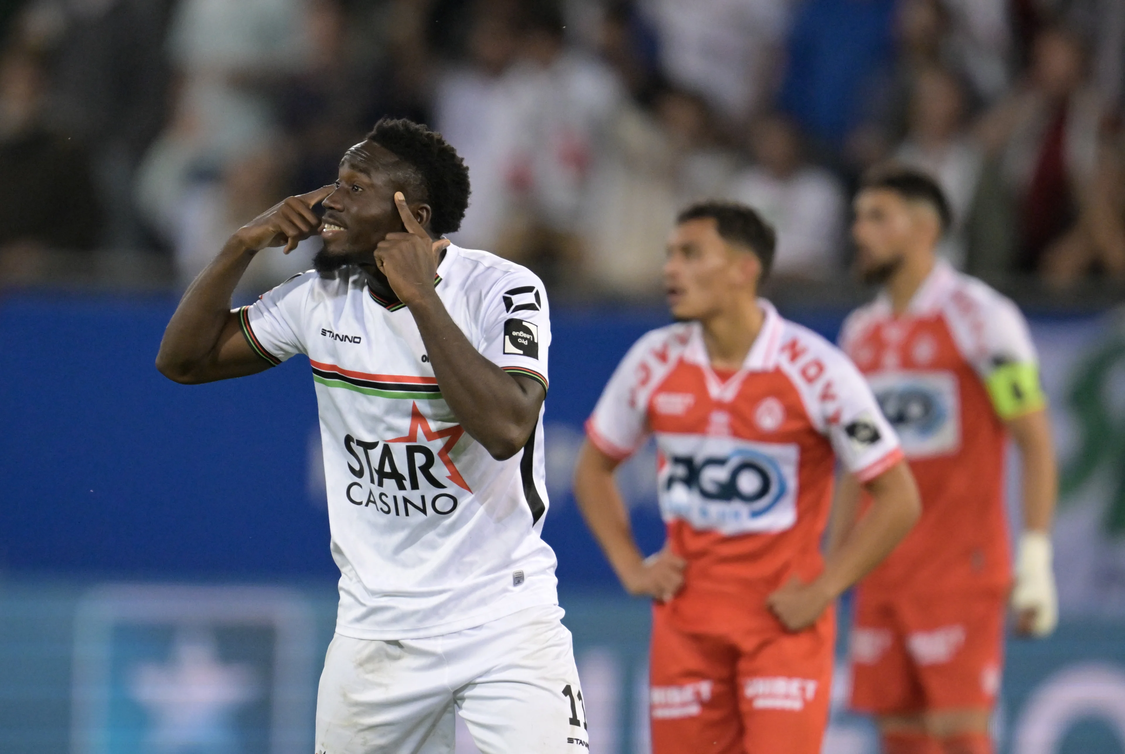 OHL's Youssef Maziz celebrates after scoring during a soccer match between OH Leuven and KV Kortrijk, Sunday 22 September 2024 in Leuven, on the day 8 of the 2024-2025 season of the 'Jupiler Pro League' first division of the Belgian championship. BELGA PHOTO JOHN THYS