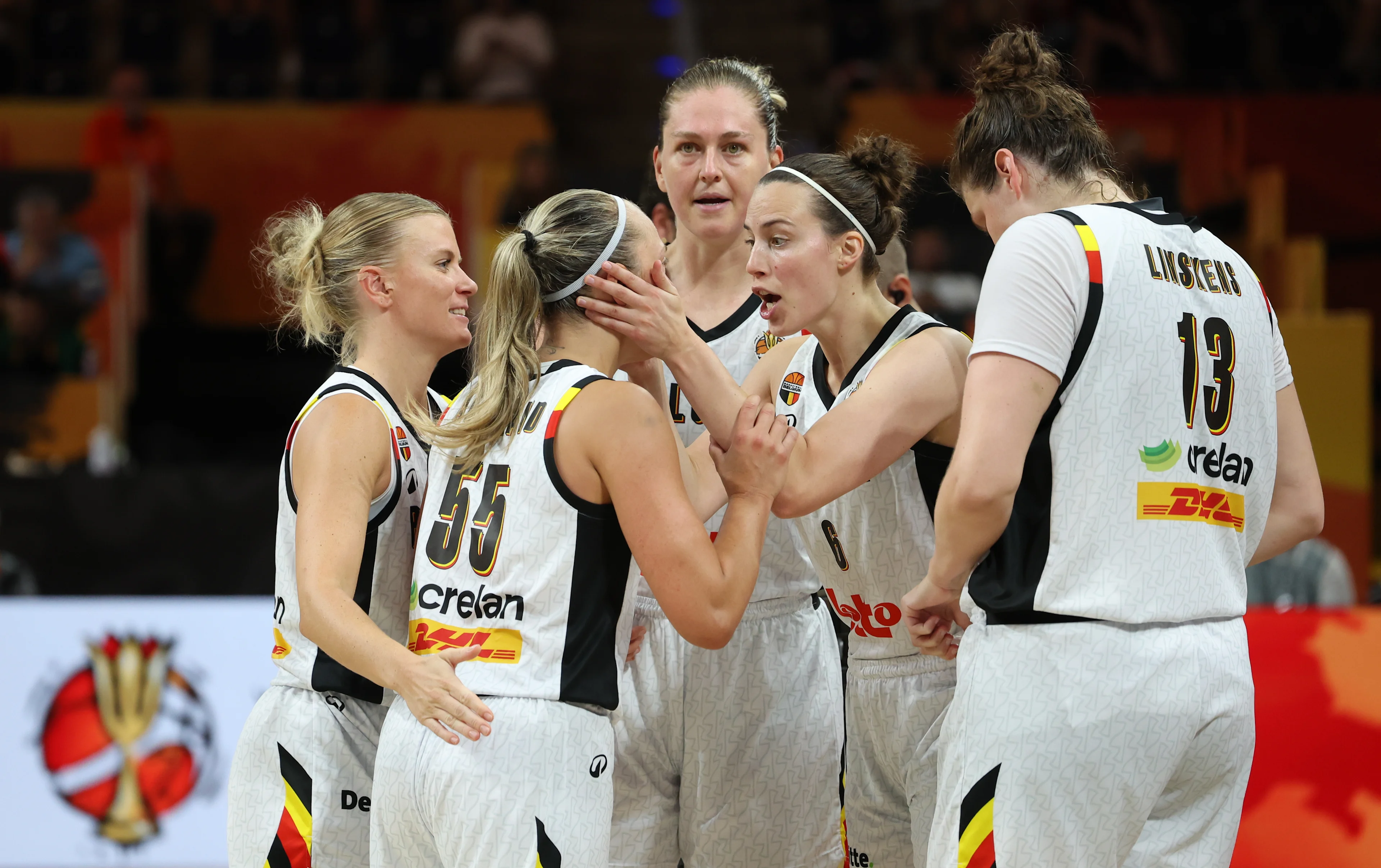 Belgium's Emma Meesseman; Belgium's Kyara Linskens; Belgium's Julie Allemand; Belgium's Antonia Delaere and Belgium's Julie Vanloo pictured during a game between Belgian national basketball team Belgian Cats and Turkey, game 1 of the group phase at the FIBA Women's Basketball World Cup, on Friday 4 September 2026, in Berlin, Germany. The FIBA Women's Basketball World Cup takes place in Berlin from 4 to 23 September 2026. BELGA PHOTO VIRGINIE LEFOUR