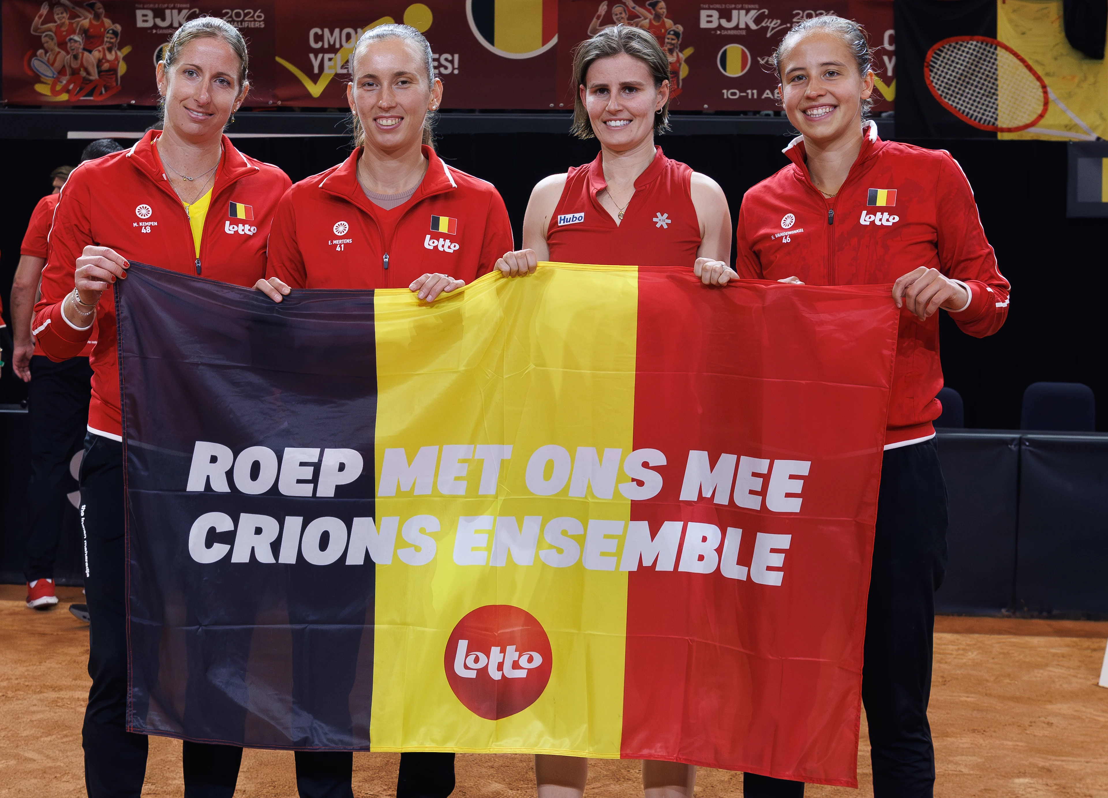 Belgian Magali Kempen, Belgian Elise Mertens, Belgian Greet Minnen and Belgian Hanne Vandewinkel pose for the photographer after the fourth game between Belgian Minnen and US' Jovic on the second day of the qualifiers of the Billie Jean King Cup tennis between Belgium and the USA, in Oostende, Belgium, on Saturday 11 April 2026. The meeting takes place on 10 and 11th April. PHOTO BENOIT DOPPAGNE