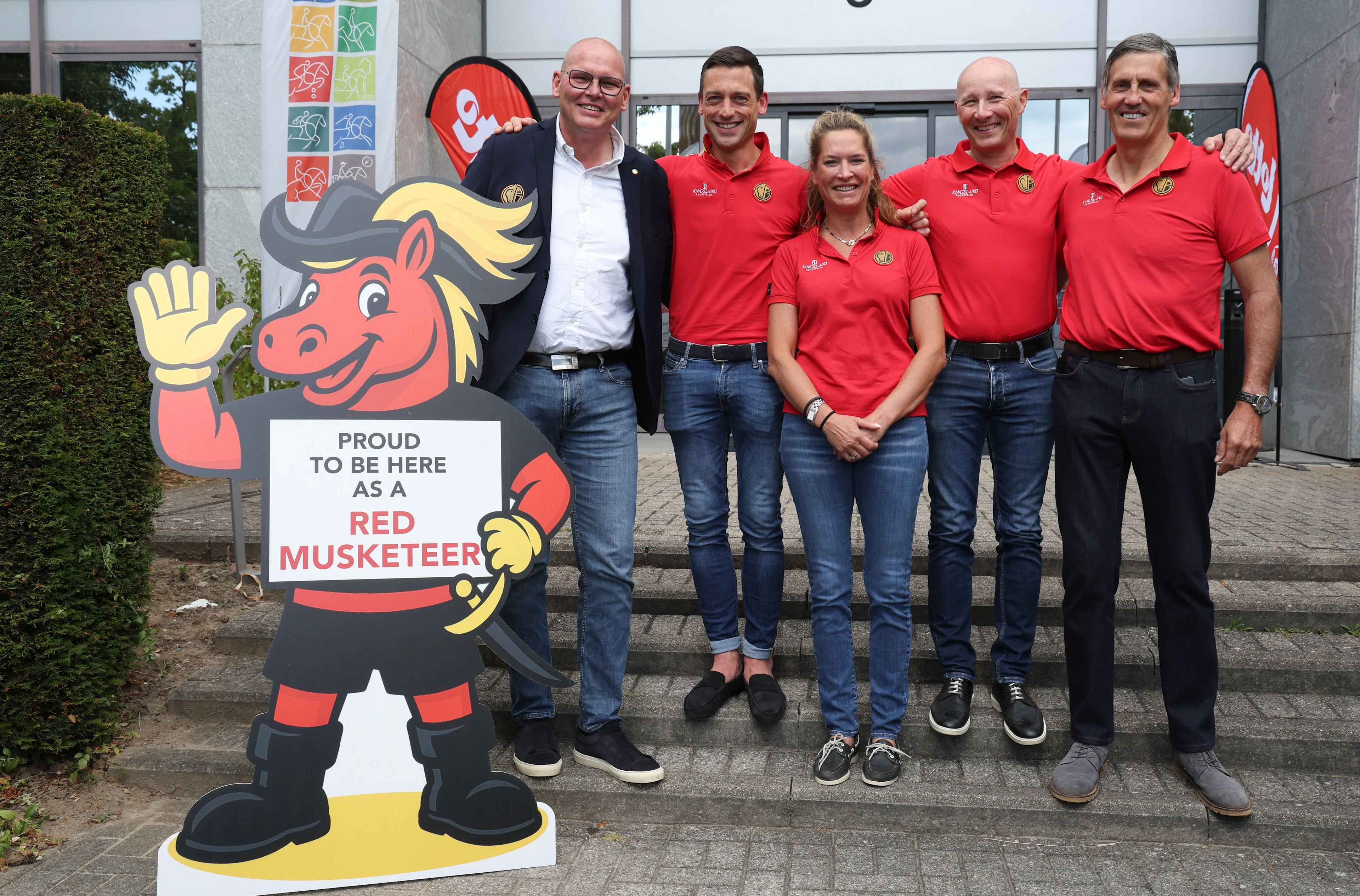 Belgian Dressage team manager Jeroen Van Lent, Belgian Justin Verboomen, Belgian Larissa Paulius, Belgian Jeroen Devroe and Belgian Wim Verwimp pose for the photographer during a press moment of the 'Red Musketeers' riders that will compete at the upcoming World Championships, on Monday 27 July 2026 in Zaventem. The FEI World Championships will take place in Aachen, Germany from 11 to 23 August. BELGA PHOTO VIRGINIE LEFOUR