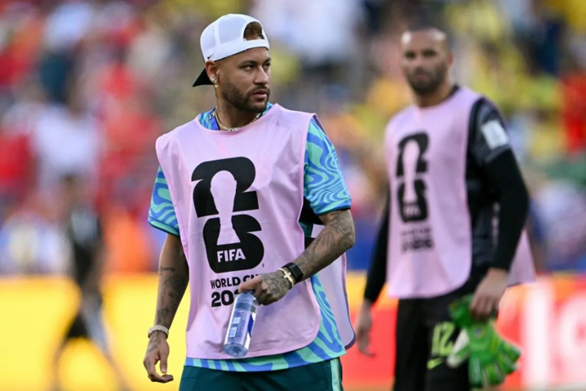 Brazil's forward #10 Neymar looks on during halftime of the 2026 World Cup Group C football match between Brazil and Morocco at the New York/New Jersey Stadium in East Rutherford on June 13, 2026. Mauro PIMENTEL / AFP