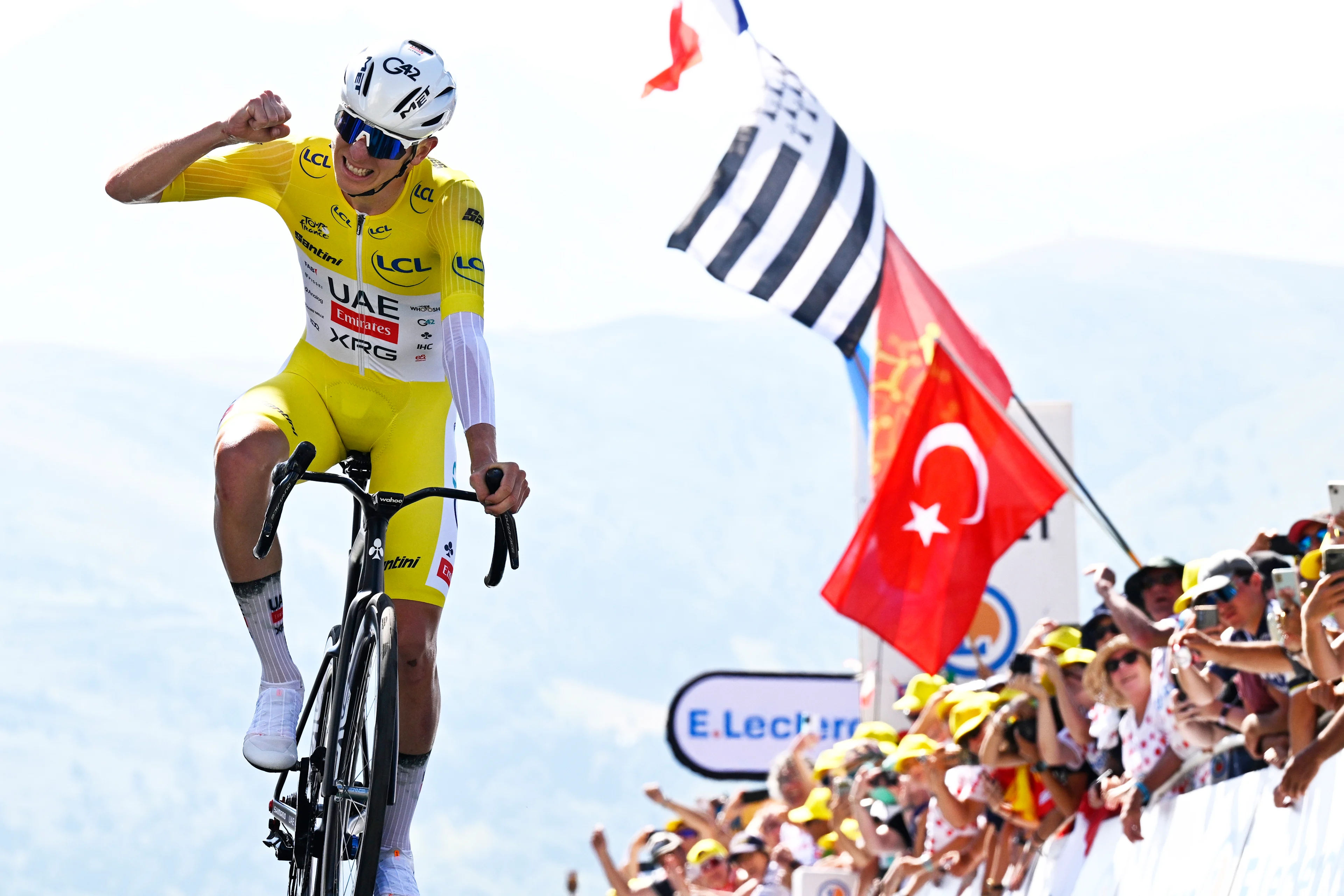 Slovenian Tadej Pogacar of UAE Team Emirates pictured at the finish of stage 13 of the 2025 Tour de France cycling race, an 11km individual time trial from Loudenvielle to Peyragudes, on Friday 18 July 2025 in France. The 112th edition of the Tour de France starts on Saturday 5 July in Lille, France, and will finish in Paris, France on the 27th of July. BELGA PHOTO JASPER JACOBS
