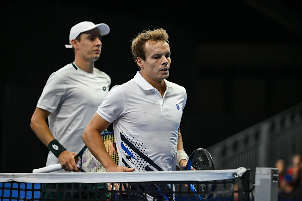 Michael Geerts of Belgium, Joran Vliegen of Belgium pictured during the European Open ATP tennis tournament in Brussels, on 21 October. This year's edition of the tournament is taking place from 17 to 25 October BELGA PHOTO DAVID PINTENS