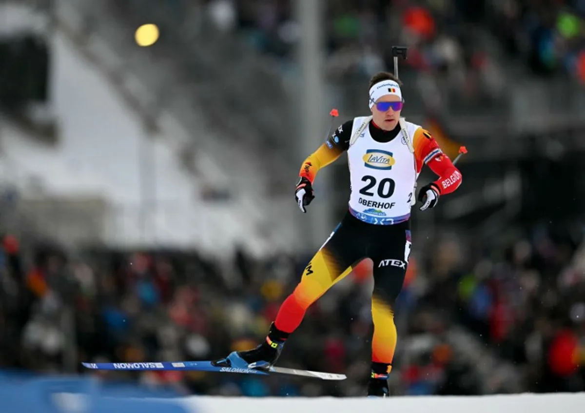 Belgium's Thierry Langer competes during the men's 10km sprint competition of the IBU Biathlon World Cup in Oberhof on January 10, 2025.  Tobias SCHWARZ / AFP