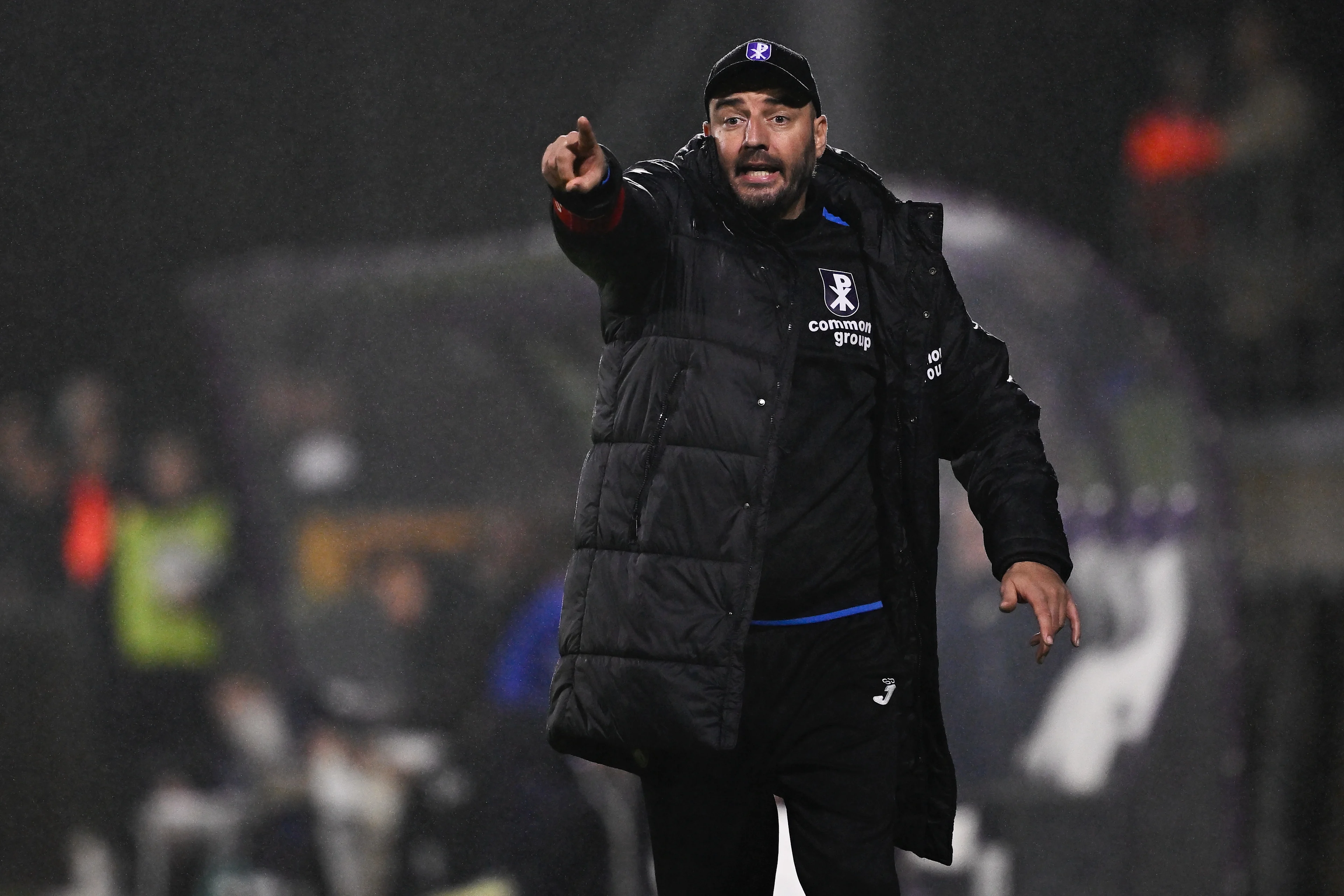 Patro Eisden's head coach Stijn Stijnen reacts during a soccer game between second division club Patro Eisden Maasmechelen and JPL club Sporting Charleroi, Tuesday 29 October 2024 in Maasmechelen, in the round 1 of 16 of the 'Croky Cup' Belgian soccer cup. BELGA PHOTO JOHAN EYCKENS