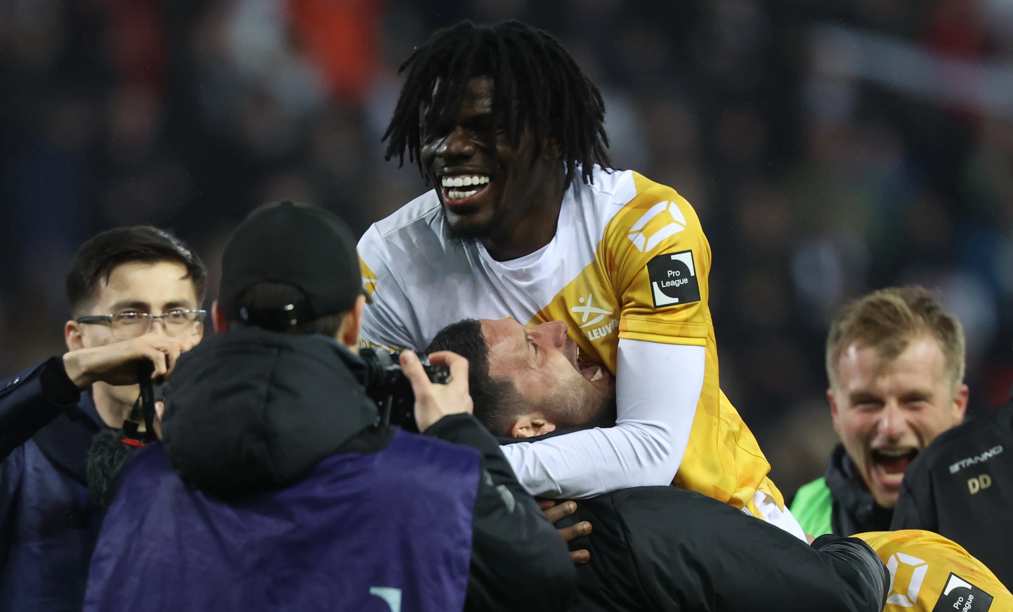 OHL's Nachon Nsingi celebrates after winning a soccer match between Oud-Heverlee Leuven and KV Mechelen, Sunday 17 March 2024 in Leuven, on the last day (30 out of 30) of the 2023-2024 'Jupiler Pro League' first division of the Belgian championship. BELGA PHOTO VIRGINIE LEFOUR