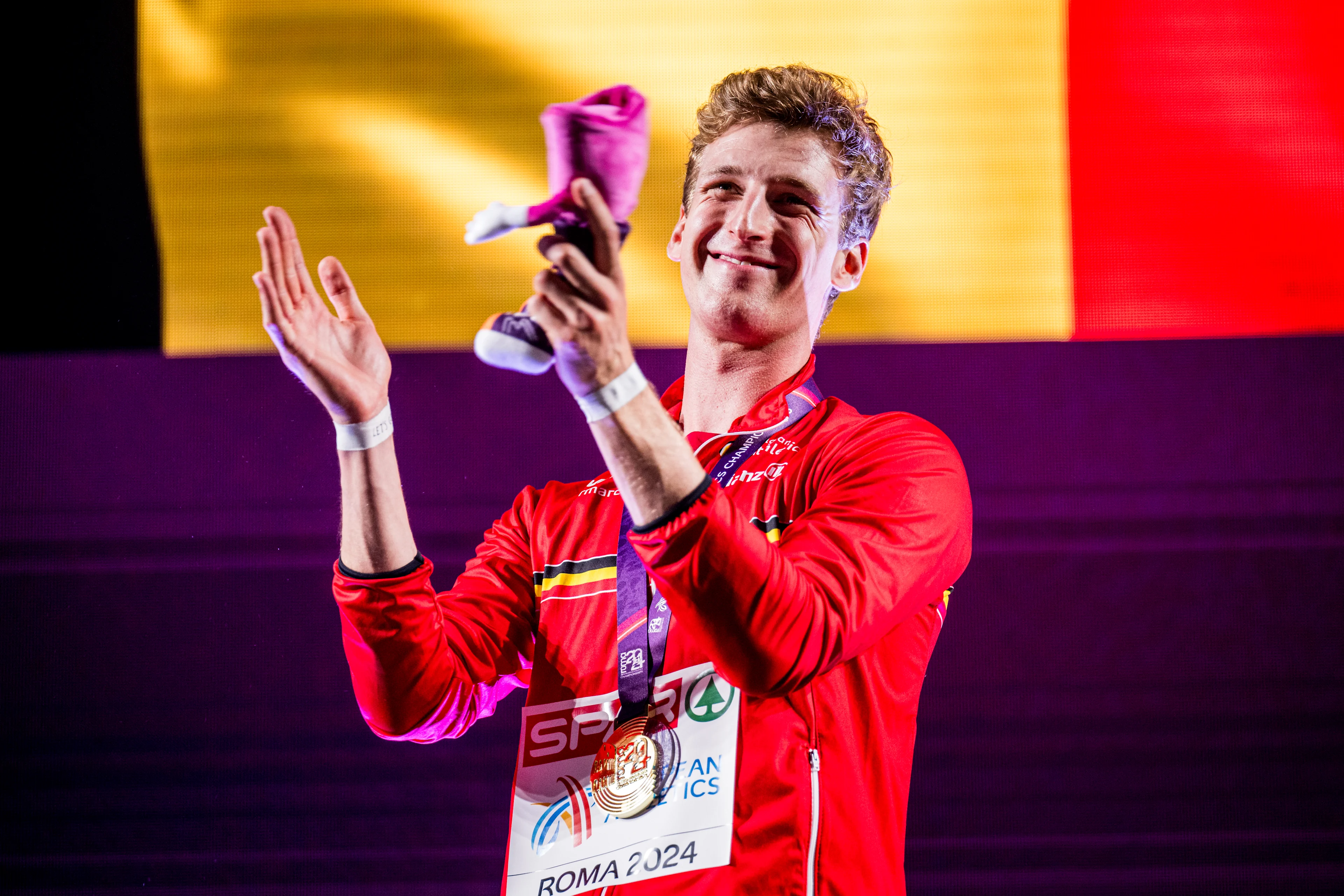 Belgian Alexander Doom celebrates on the podium after winning the European Championships Athletics in Rome, Italy, on Monday 10 June 2024. The European Athletics Championships take place from 7 to 12 June. BELGA PHOTO JASPER JACOBS