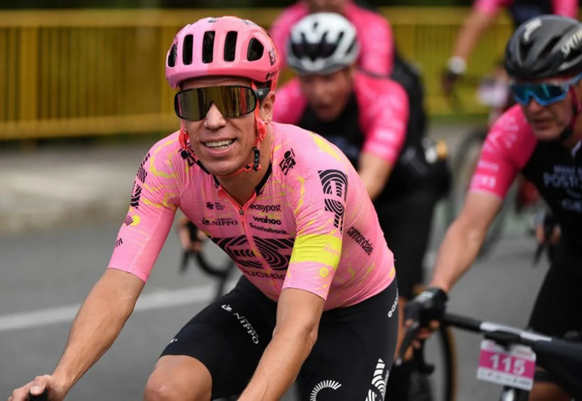 Colombian rider Rigoberto Uran rides during his farewell cycling race after announcing his retirement from professional cycling in Medellin, Colombia on November 3, 2024.  JAIME SALDARRIAGA / AFP