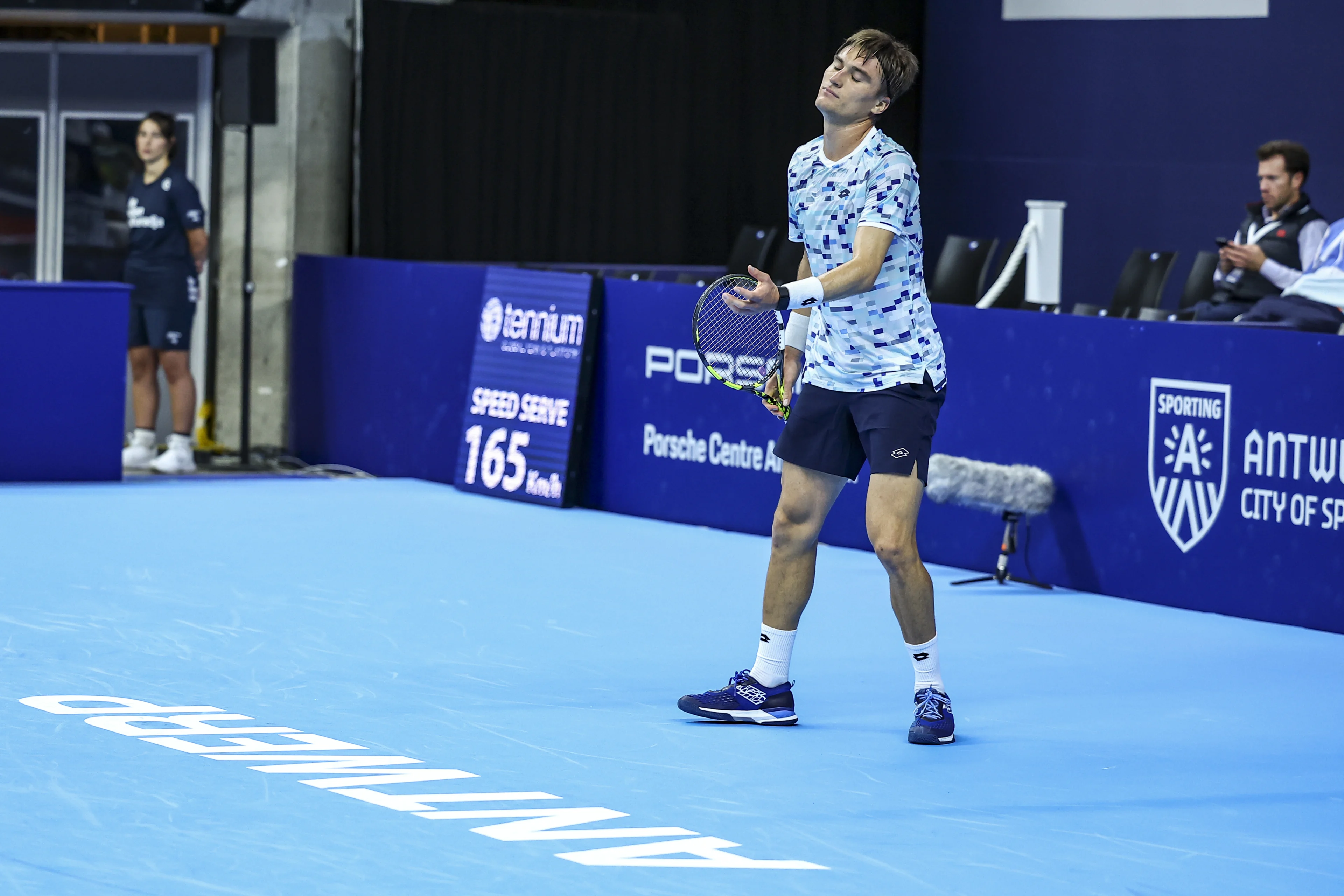 Belgian Raphael Collignon looks dejected during a tennis match in the round of 32 of the singles competition at the ATP European Open Tennis tournament in Antwerp, Monday 14 October 2024. BELGA PHOTO DAVID PINTENS