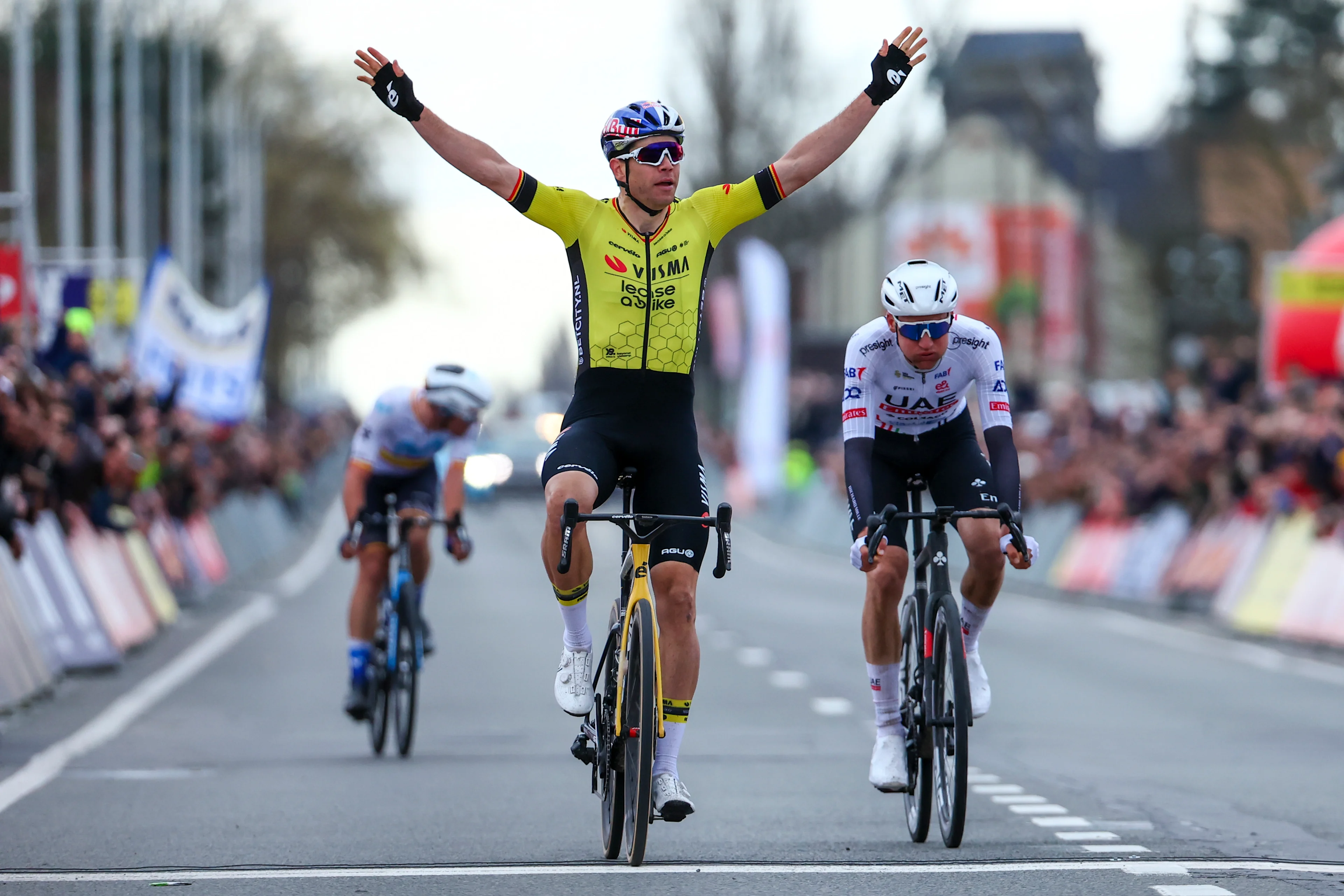 Belgian Wout van Aert of Team Visma-Lease a Bike celebrates at the finish of the Kuurne-Brussels-Kuurne one day cycling race, 196,4 km from Kuurne to Kuurne via Brussels, Sunday 25 February 2024. BELGA PHOTO DAVID PINTENS