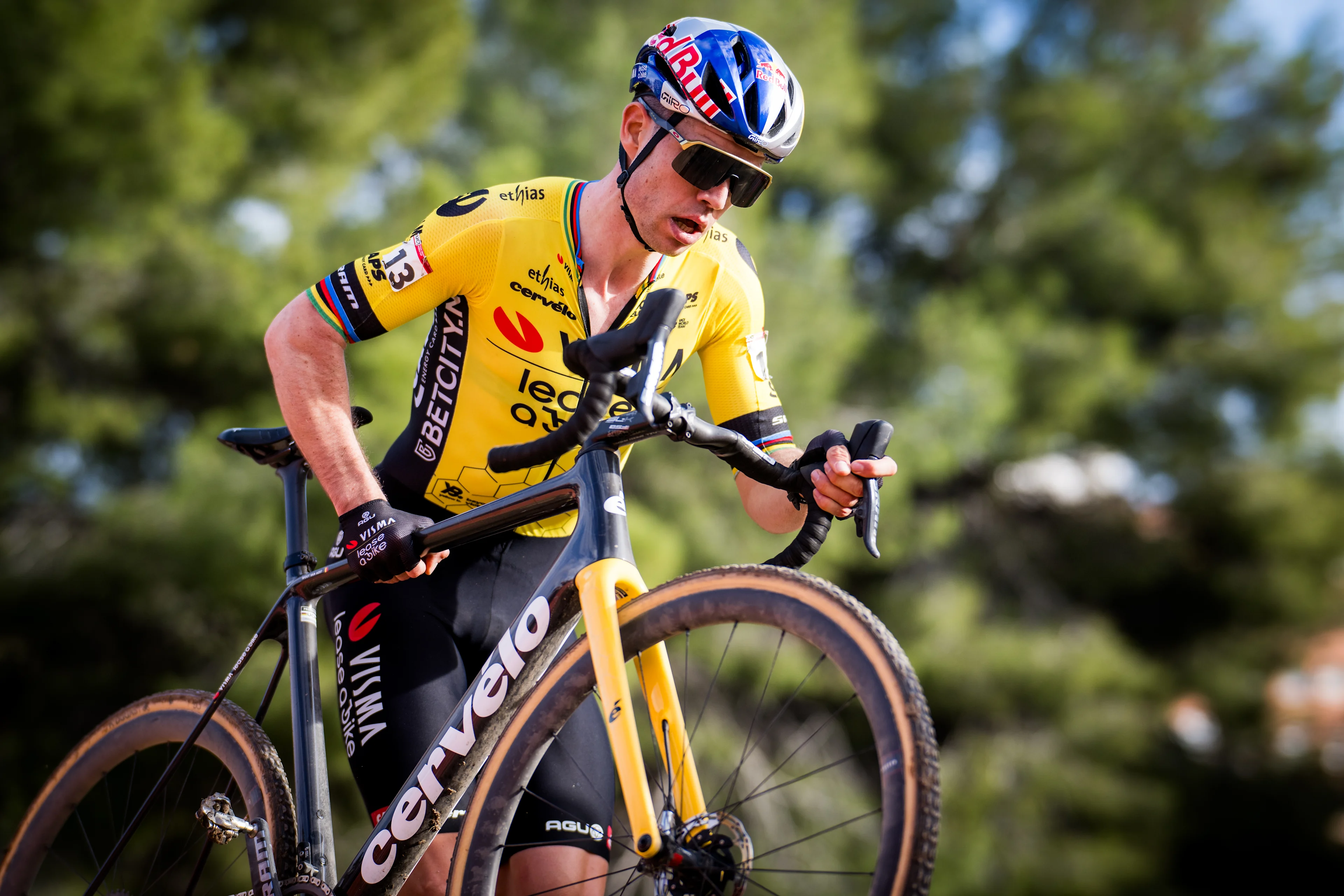 Belgian Wout van Aert pictured in action during the men's elite race at the cyclocross cycling event in Benidorm, Spain, Sunday 21 January 2024, stage 13/14 in the World Cup ranking. BELGA PHOTO JASPER JACOBS