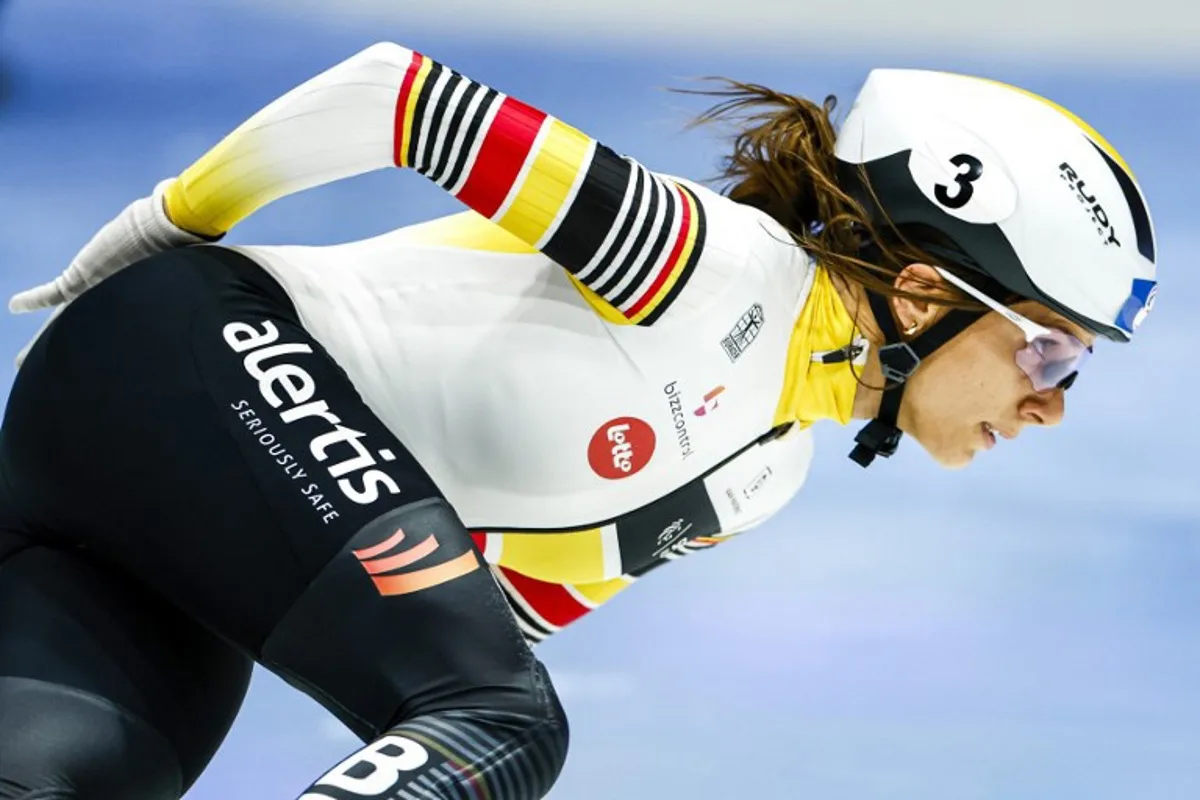 Belgium's Hanne Desmet competes in the women's 1000m heats at the World Short Track Championships in Ahoy's sport hall sport Hall in Rotterdam, on March 15, 2024.  Iris van den Broek / ANP / AFP