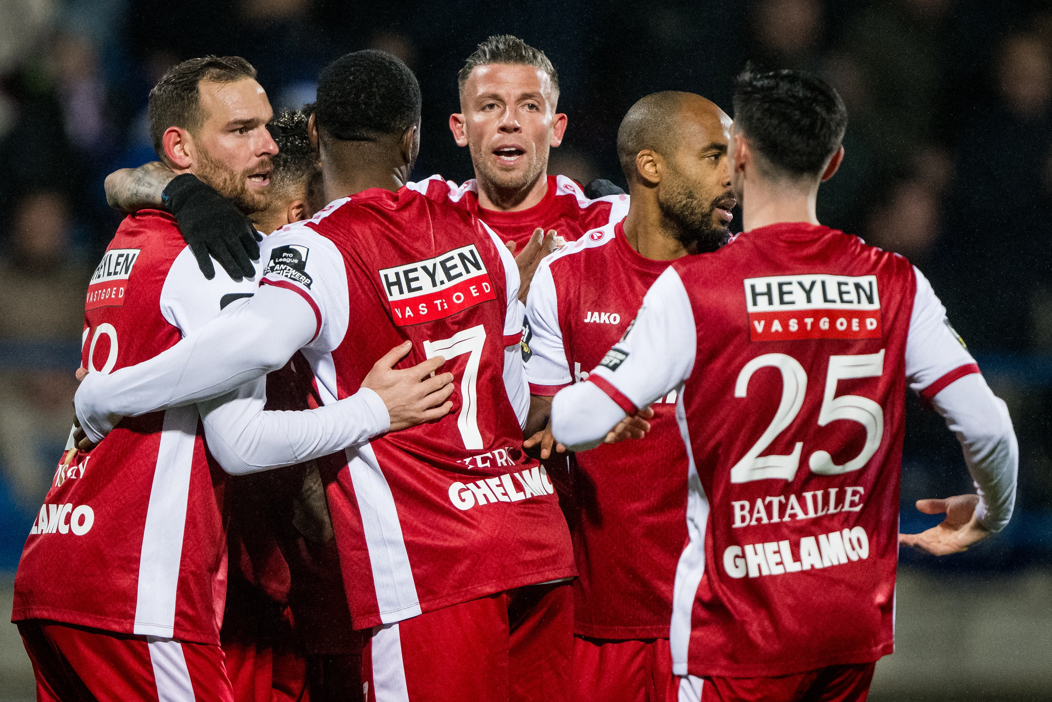 Antwerp's Tjaronn Chery celebrates after scoring during a soccer match between FCV Dender EH and Royal Antwerp FC, Saturday 21 December 2024 in Denderleeuw, on day 18 of the 2024-2025 season of the 'Jupiler Pro League' first division of the Belgian championship. BELGA PHOTO JASPER JACOBS