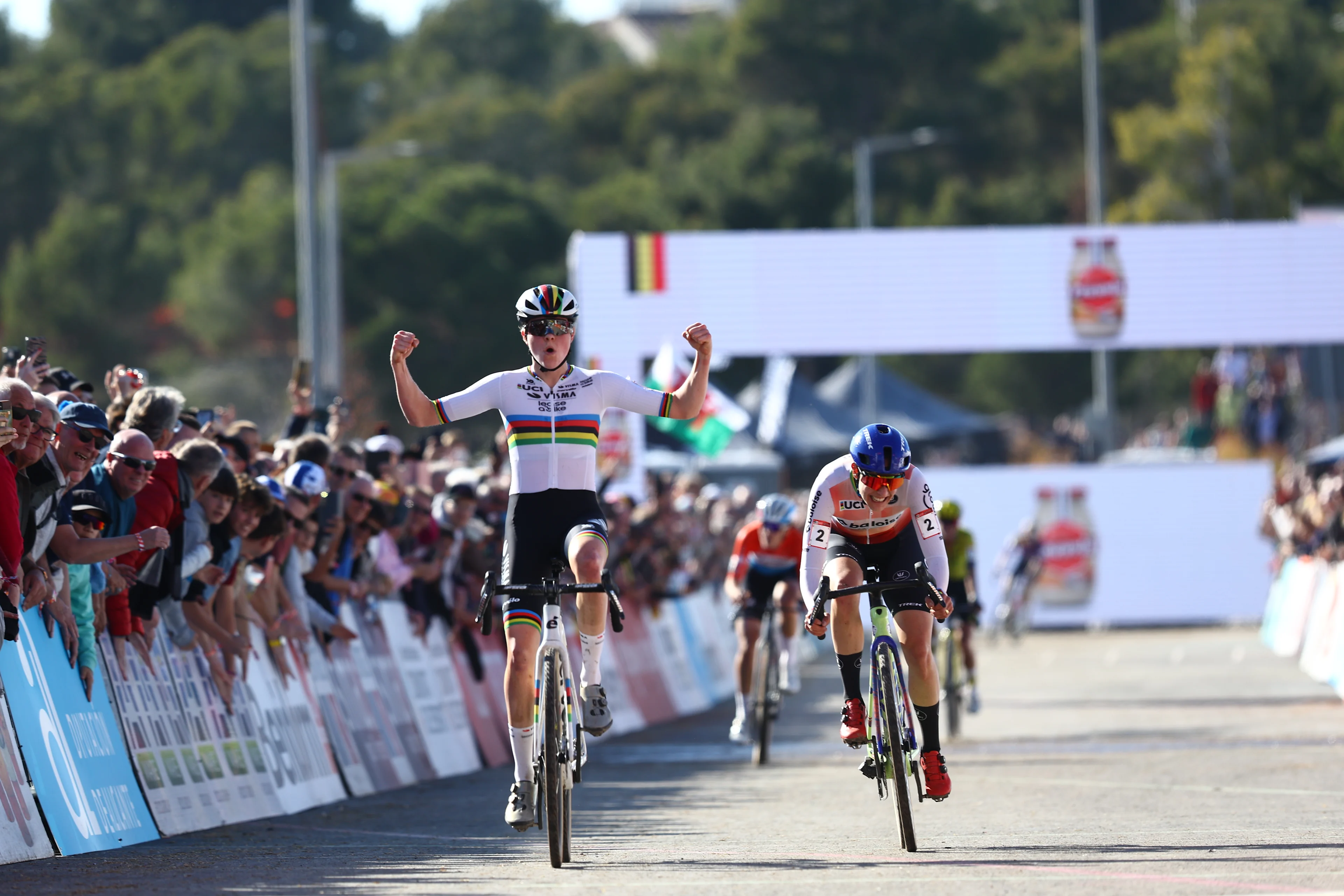 Dutch Fem Van Empel pictured as she crosses the finish line of the women's elite race at the cyclocross cycling event in Benidorm, Spain, , stage 12/14 in the UCI World Cup competition. BELGA PHOTO DAVID PINTENS