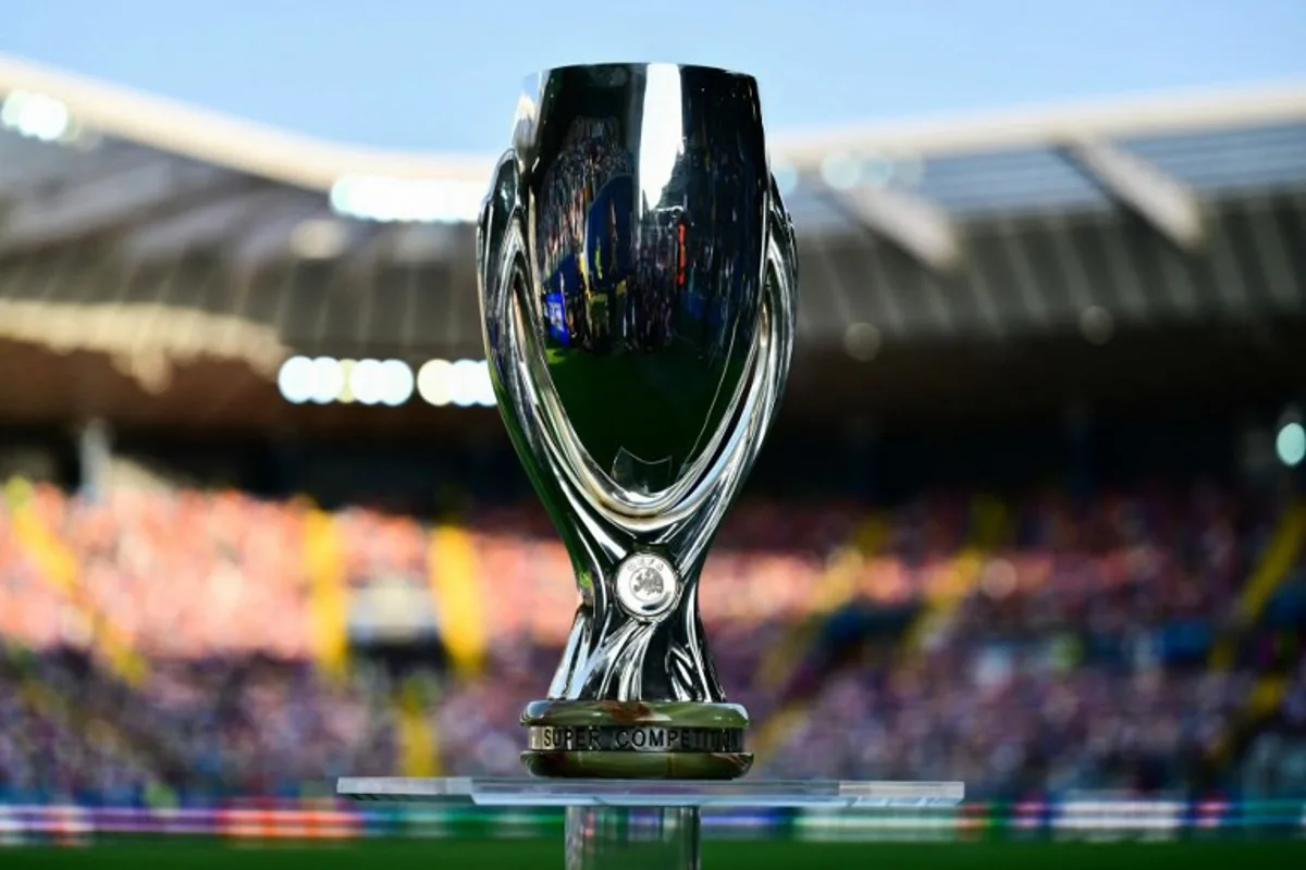The UEFA Super Cup trophy is displayed prior to the 2025 UEFA Super Cup final football match between Paris Saint-Germain (FRA) and Tottenham Hotspur FC (ENG) at the Friuli stadium, in Udine, on August 13, 2025. Marco BERTORELLO / AFP