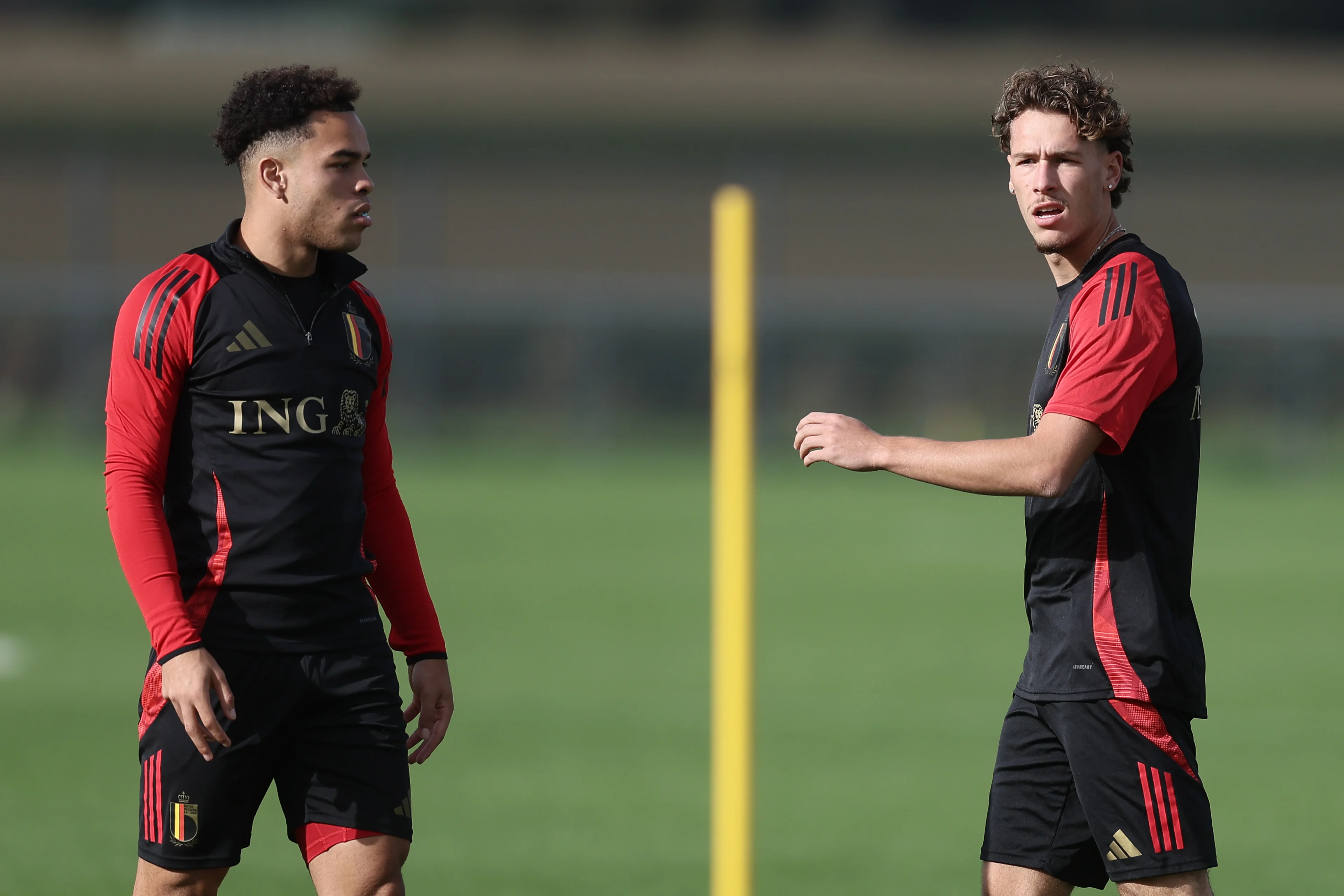 Belgium's Mario Stroeykens and Lucas Stassin pictured during a training session of the Belgian national soccer team Red Devils U21, at the Royal Belgian Football Association's training center, in Tubize, Tuesday 08 October 2024. The Red Devils U21 are playing against Scotland on Friday, for the UEFA EC qualifiers. BELGA PHOTO BRUNO FAHY