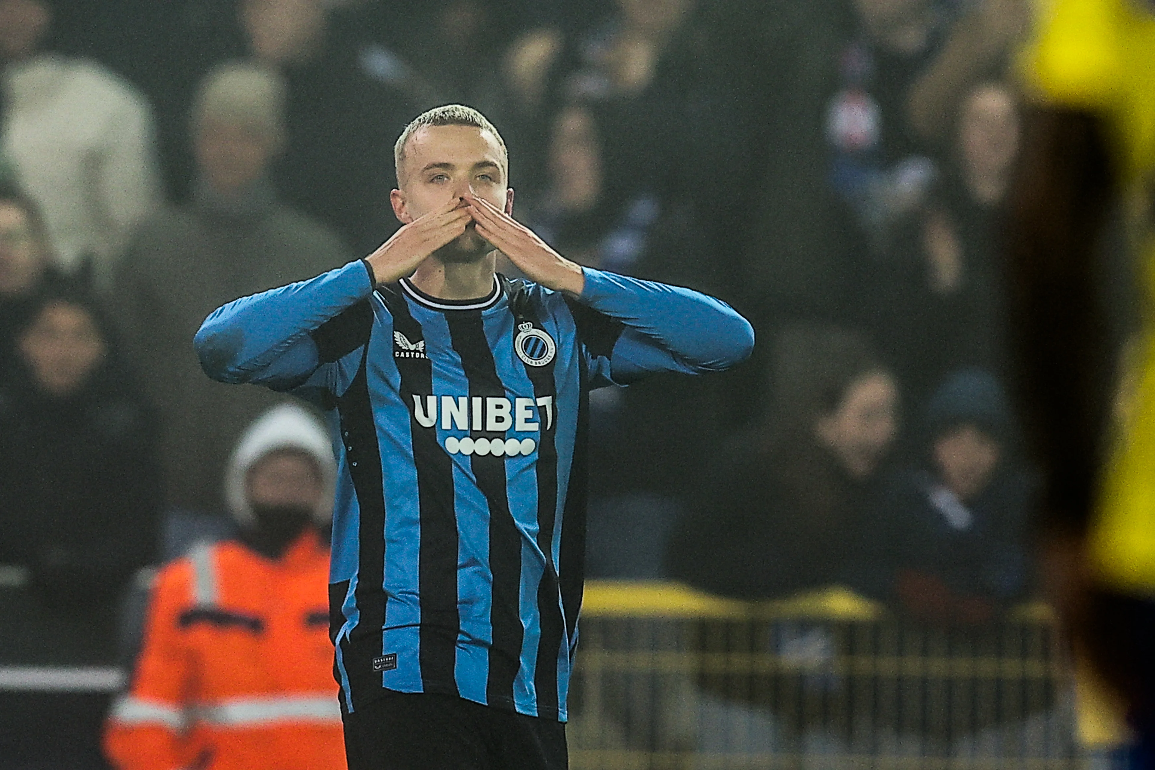 Club's Hugo Siquet celebrates after scoring during a soccer match between Club Brugge KV and KVC Westerlo, Thursday 26 December 2024 in Brugge, on day 20 of the 2024-2025 season of the 'Jupiler Pro League' first division of the Belgian championship. The competition was re-baptised 'Younited Pro League' for the games of matchweek 20, to shine a light on the Younited Belgium charity. BELGA PHOTO BRUNO FAHY