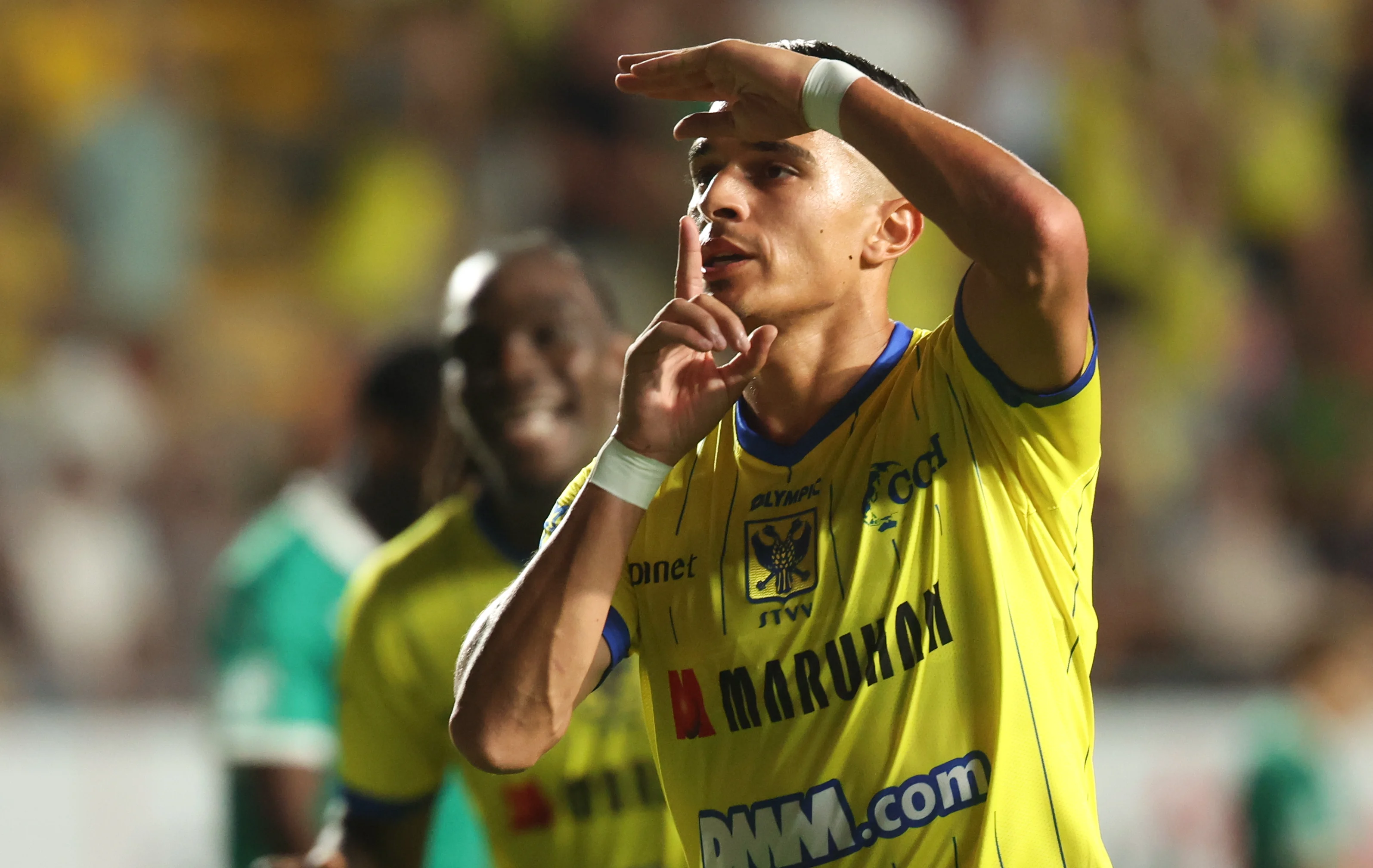 STVV's Ilias Sebaoui celebrates after scoring during a soccer match between STVV and Lommel SK, Saturday 08 August 2026 in Sint-Truiden, on day 1 of the 2026-2027 'Jupiler Pro League' first division of the Belgian championship. BELGA PHOTO VIRGINIE LEFOUR