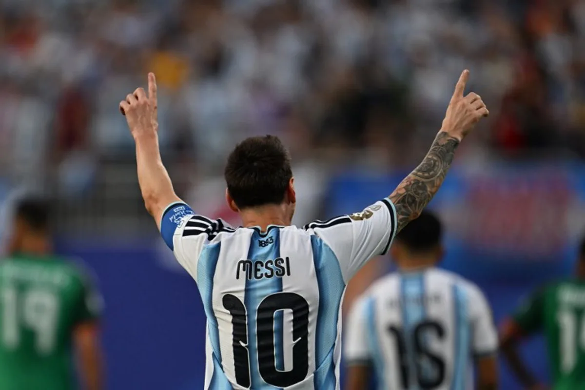 Argentina's forward #10 Lionel Messi celebrates scoring his team's first goal during the 2026 World Cup Group J football match between Argentina and Algeria at the Kansas City Stadium in Kansas City on June 16, 2026. Roberto SCHMIDT / AFP