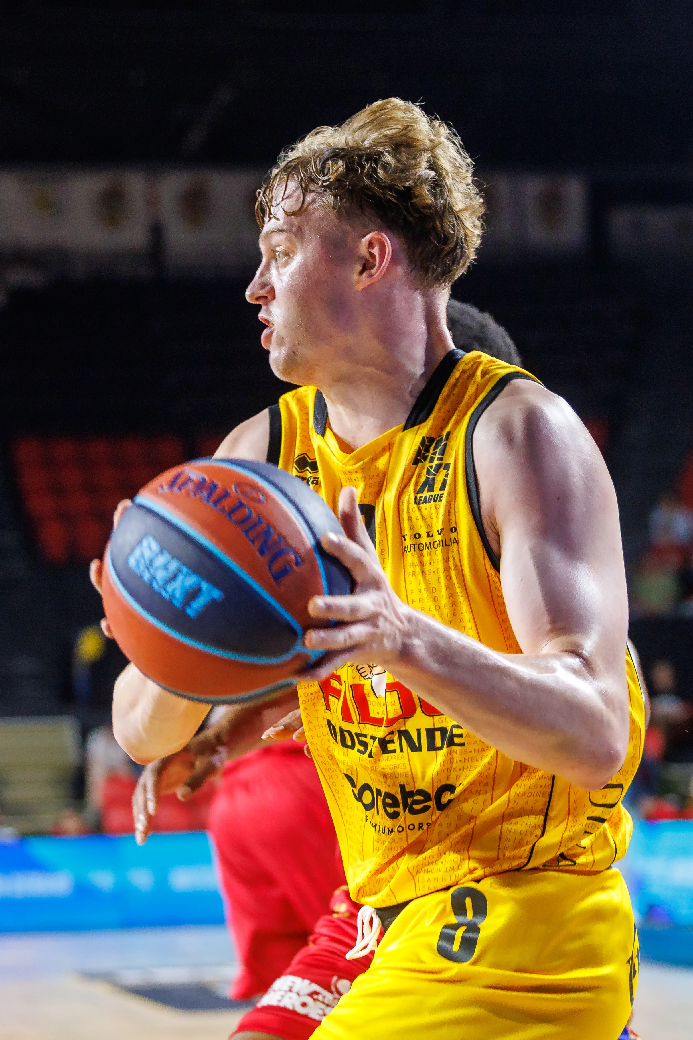 Oostende's Joppe Mennes pictured in action during a basketball match between Belgian BC Oostende and Dutch Heroes Den Bosch, Saturday 20 September 2025 in Oostende, the supercup of the 'BNXT League' Belgian/Dutch first division basket championship between the champion of Belgium and the Netherlands. BELGA PHOTO KURT DESPLENTER