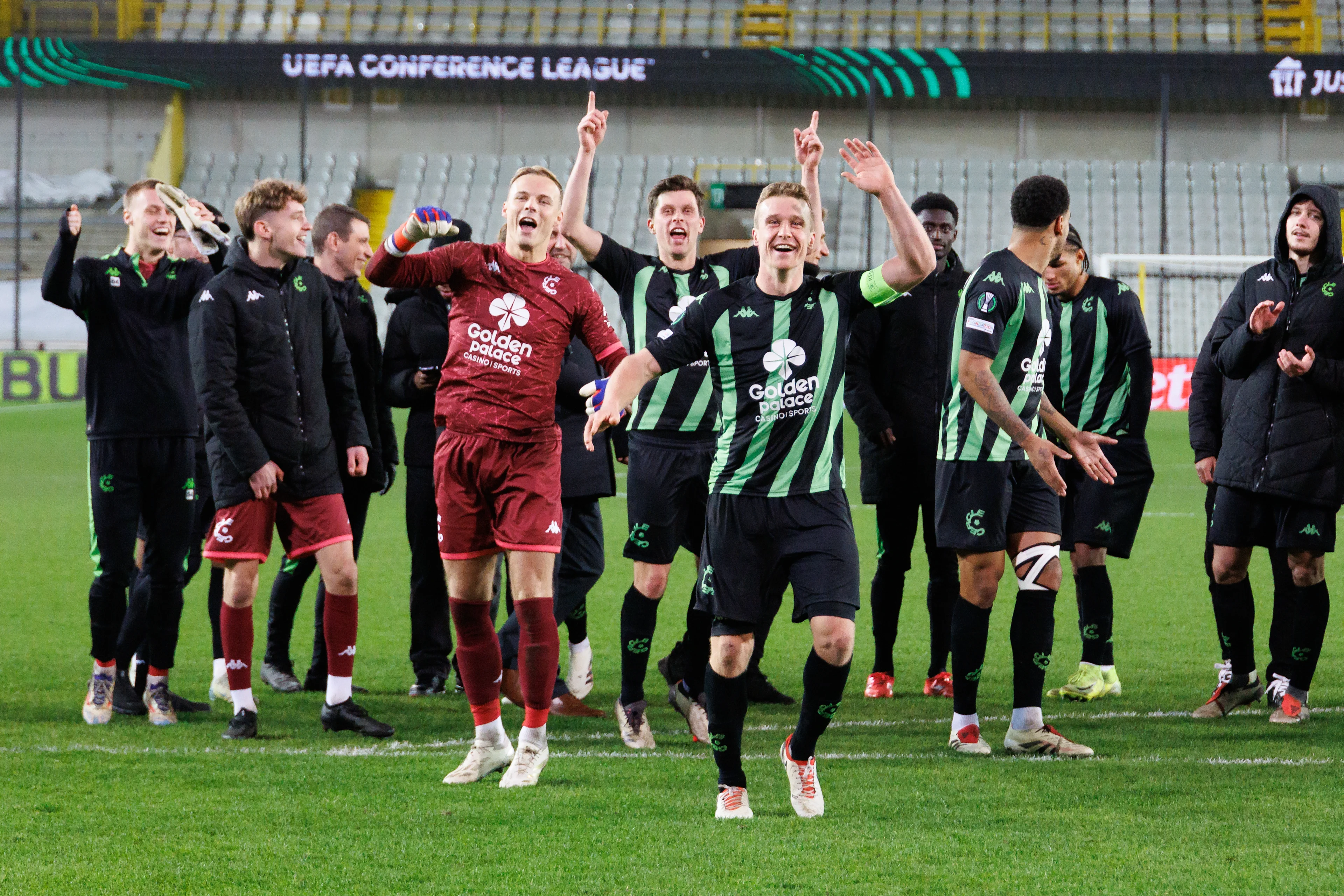 Cercle's players celebrate after a soccer game between Belgian Cercle Brugge KSV and Turkish Istanbul Basaksehir FK, Thursday 19 December 2024 in Brugge, on day 6/6 of the group stage of the UEFA Conference League tournament. BELGA PHOTO KURT DESPLENTER