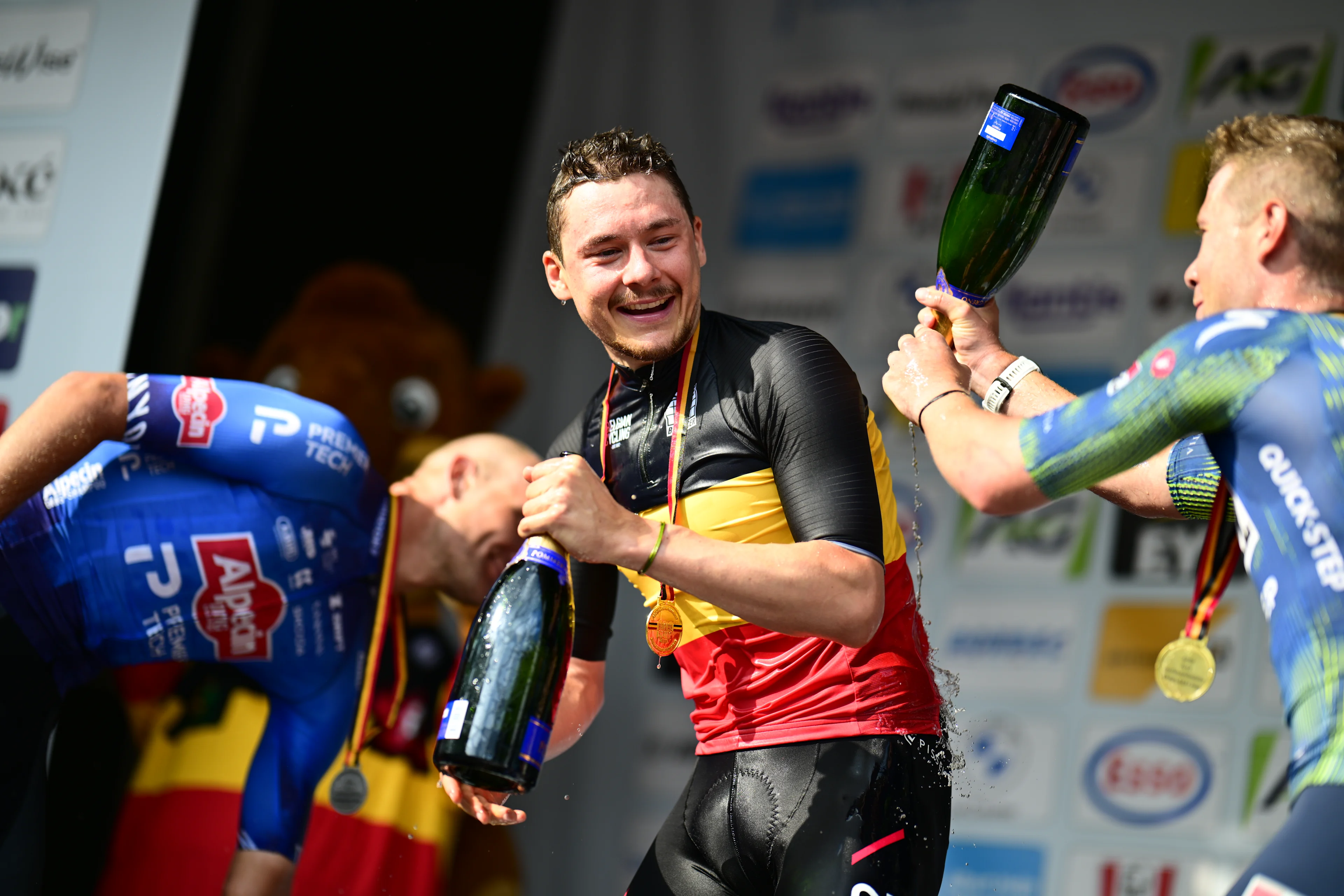 Belgian Jonas Rickaert of Alpecin-Premier Tech, Belgian Rune Herregodts of UAE Team Emirates-XRG and Belgian Fabio Van den Bossche of Soudal Quick-Step pictured on the podium after the men's elite race (240km) at the Belgian Cycling Championships, from Antwerp to Brasschaat on Sunday 28 June 2026. BELGA PHOTO TOM GOYVAERTS
