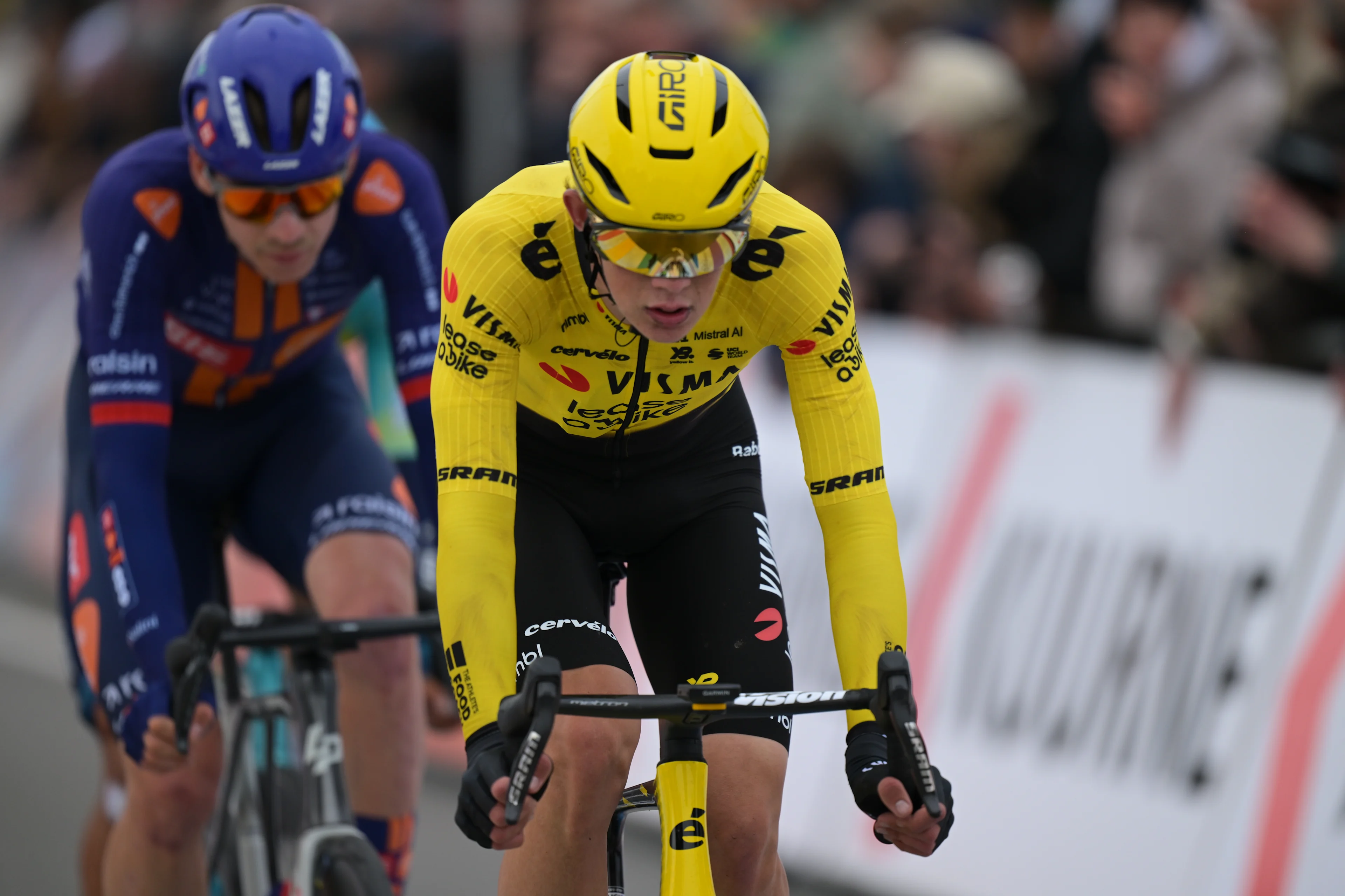 Belgium's Matisse Van Kerckhove of Team Visma-Lease a Bike pictured in action during the 78th edition of the men elite race of the Kuurne-Brussels-Kuurne one day cycling race, 195 km from Kuurne to Kuurne via Brussels, Sunday 01 March 2026.  BELGA PHOTO DAVID PINTENS