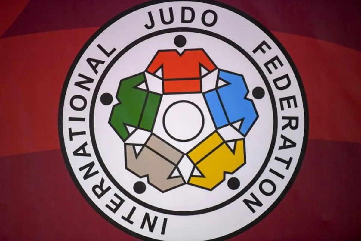 The logo of the International Judo Federation is displayed during the Abu Dhabi Grand Slam in the Emirati capital on October 25, 2019.  KARIM SAHIB / AFP