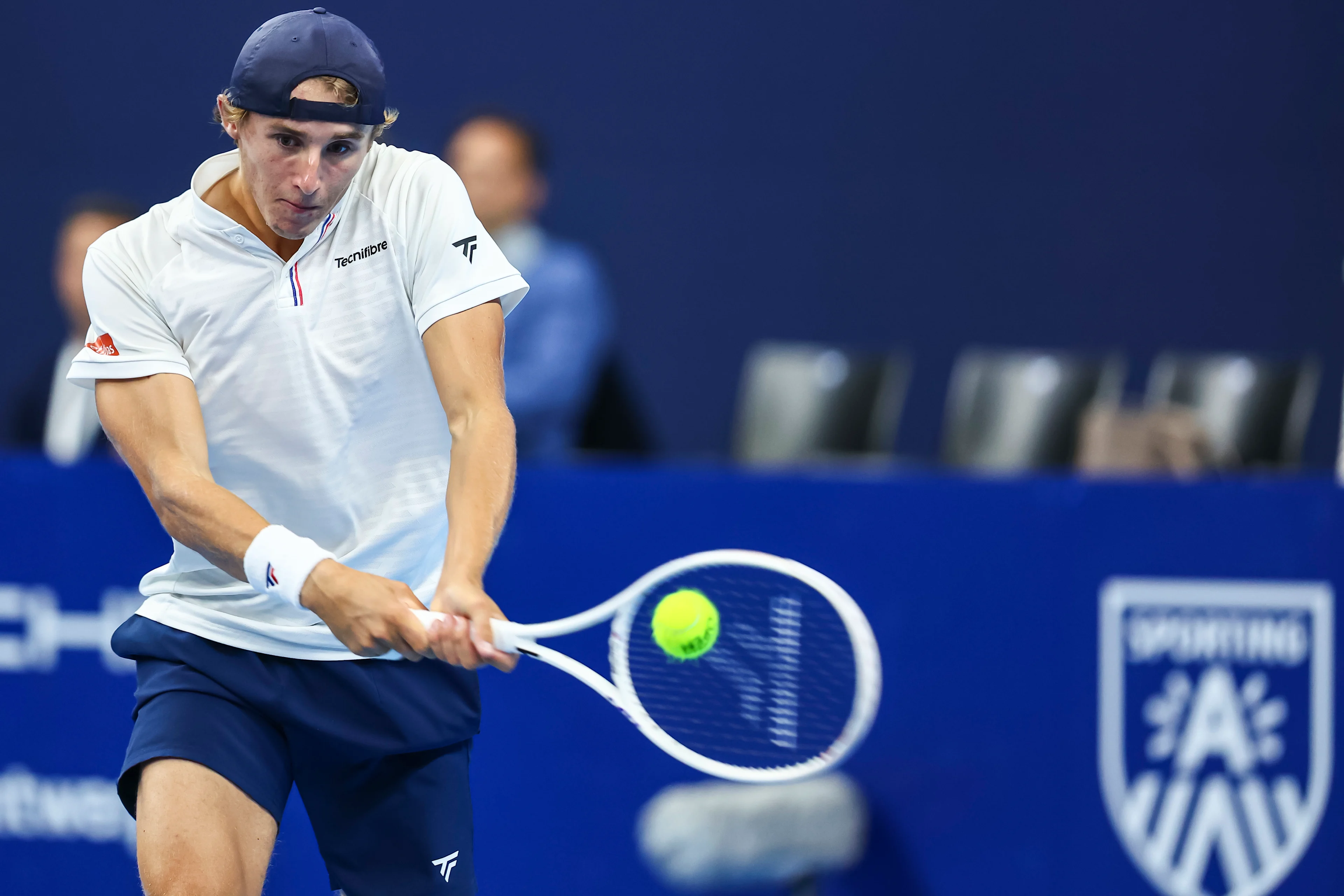 Belgian Emilien Demanet pictured in action during the qualifying phase of the European Open Tennis ATP tournament, in Antwerp, Sunday 13 October 2024. BELGA PHOTO DAVID PINTENS