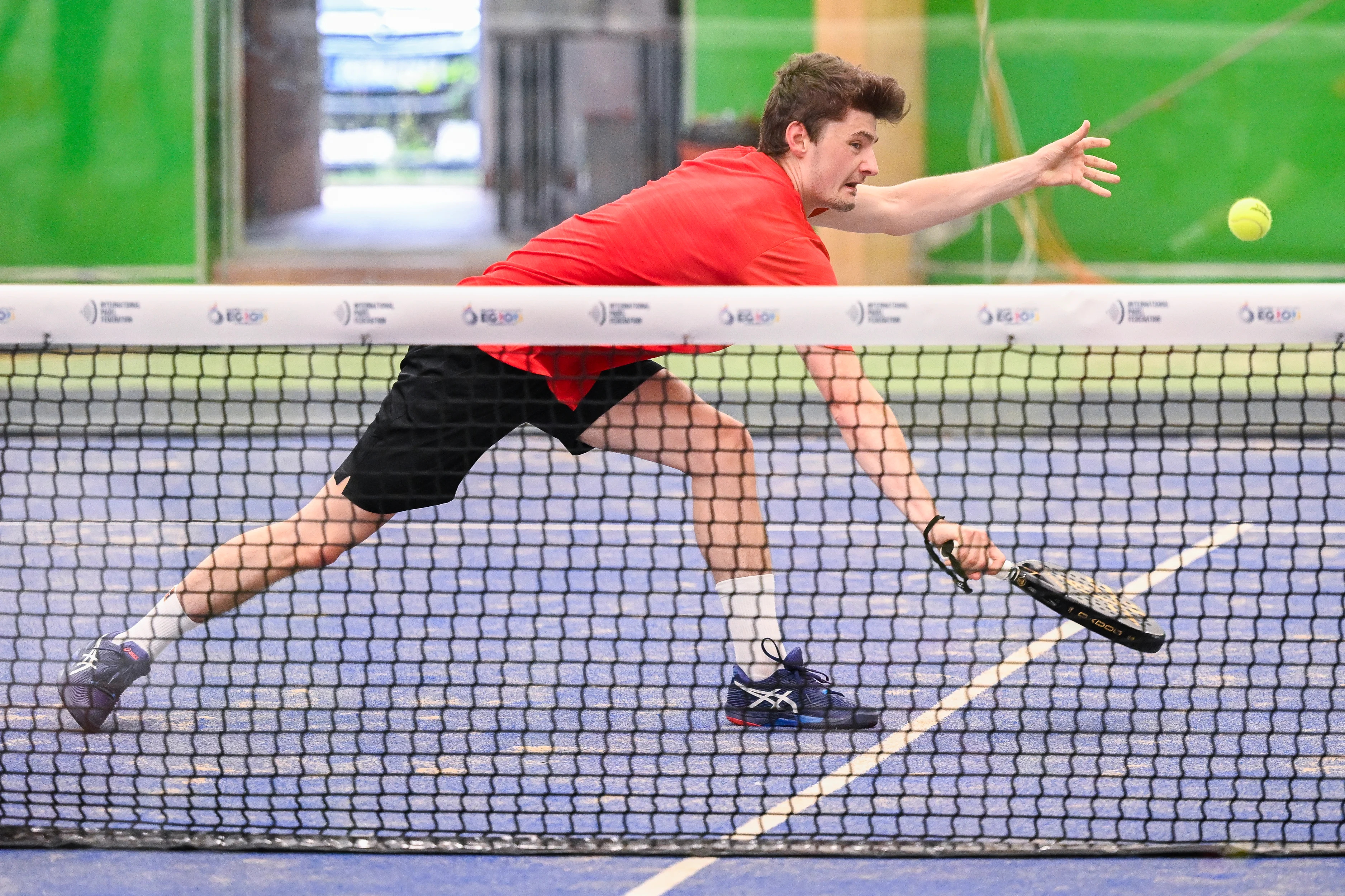 Padel player Maxime Deloyer pictured in action during a men doubles first round game in the padel competition between Belgian pair Deloyer-Coene and Czech pair Venos-Stepanek at the European Games, in Krakow, Poland, Wednesday 21 June 2023. The 3rd European Games, informally known as Krakow-Malopolska 2023, is a scheduled international sporting event that will be held from 21 June to 02 July 2023 in Krakow and Malopolska, Poland. BELGA PHOTO LAURIE DIEFFEMBACQ