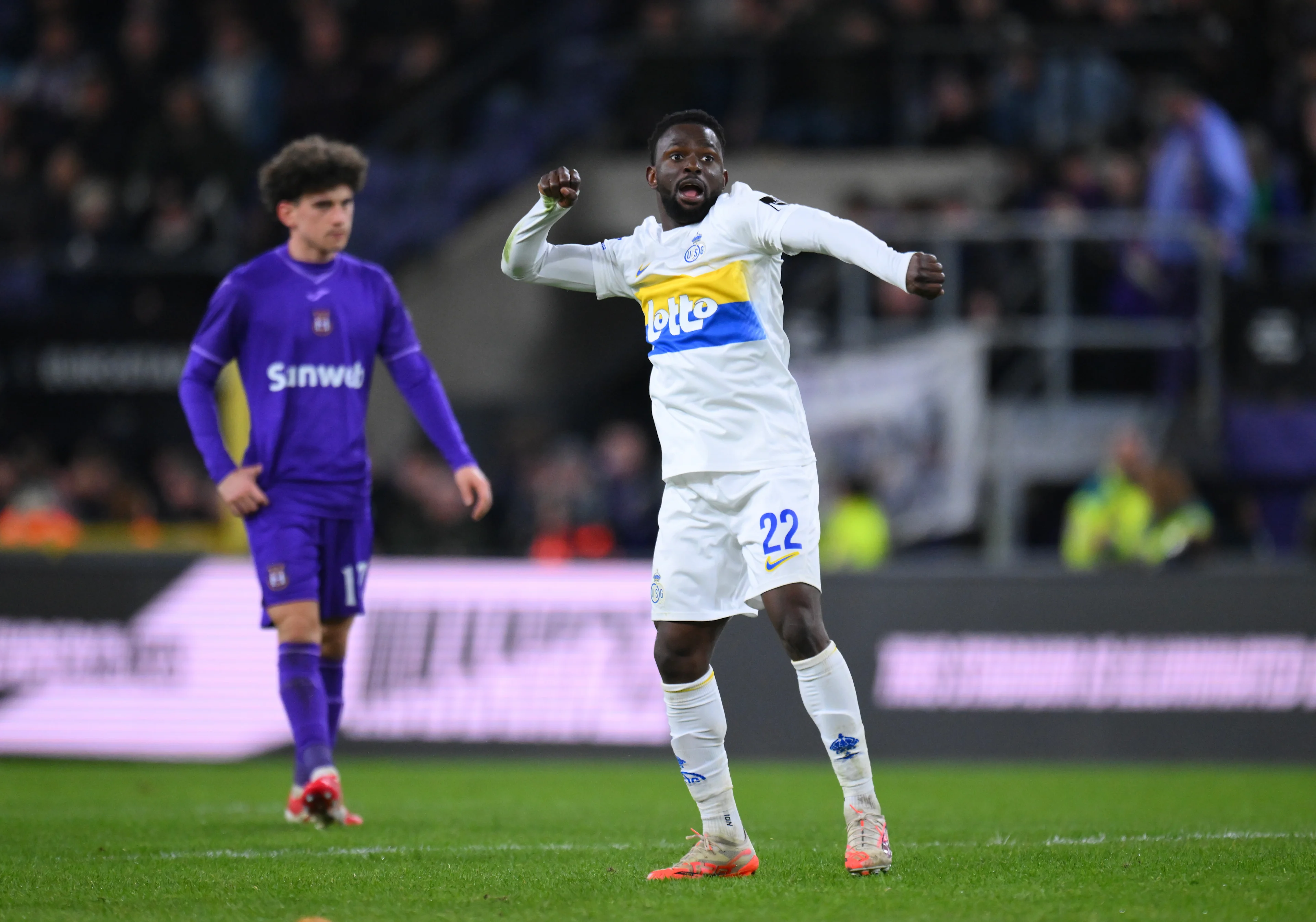 Union's Ousseynou Niang celebrates after scoring the 0-2 goal during a soccer match between RSC Anderlecht and Royale Union Saint-Gilloise, Sunday 23 February 2025 in Brussels, on day 27 of the 2024-2025 season of the 'Jupiler Pro League' first division of the Belgian championship. BELGA PHOTO JOHN THYS