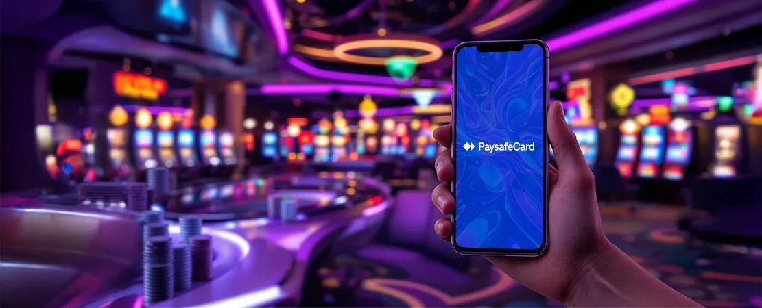 Smartphone met PaysafeCard in de sfeervolle verlichting van Madison Casino met gokautomaten op de achtergrond.