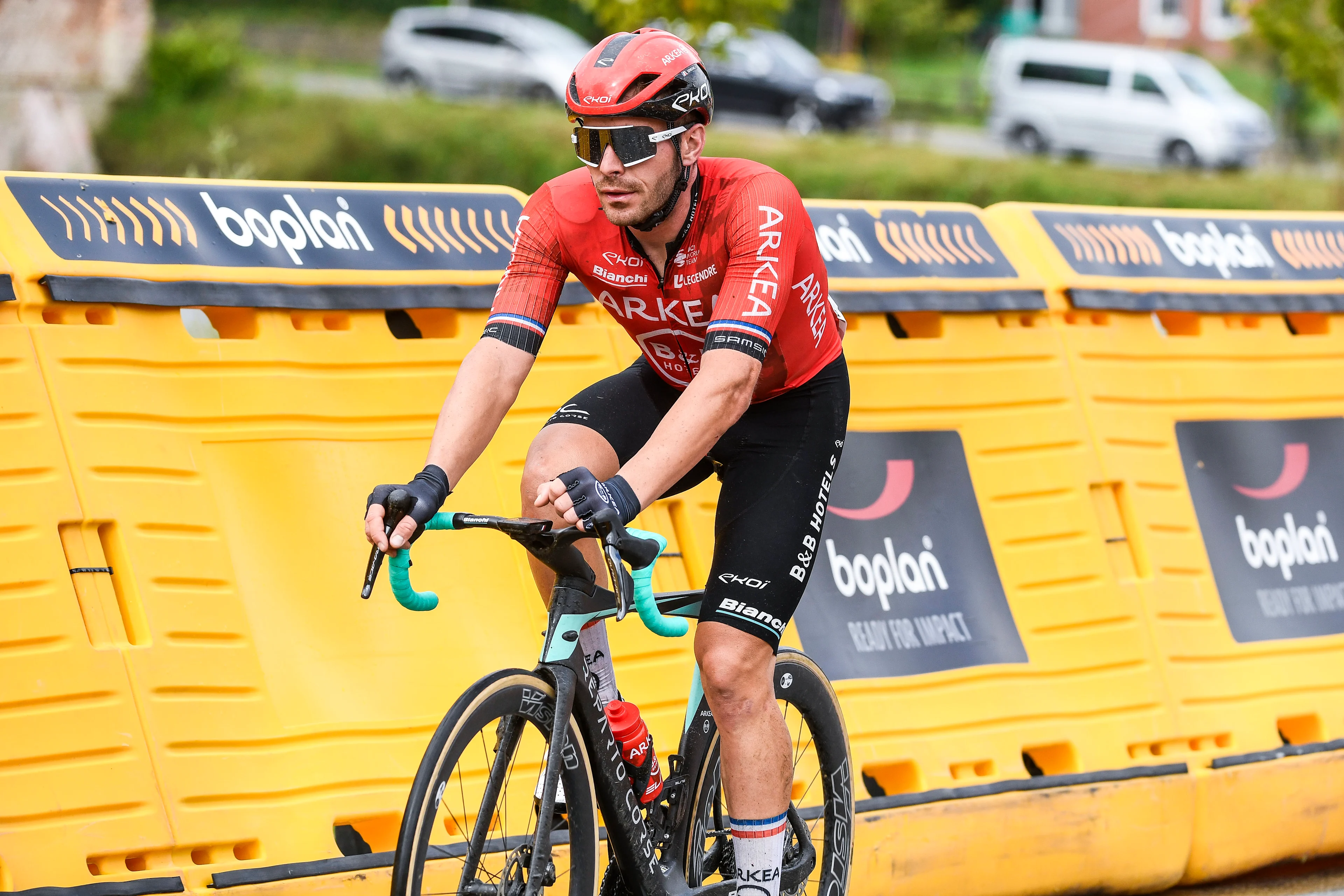 French Florian Senechal of Arkea-BB Hotels pictured in action during the 'Druivenkoers' one day cycling race, 206,3 km from and to Overijse, Friday 23 August 2024. BELGA PHOTO MARC GOYVAERTS