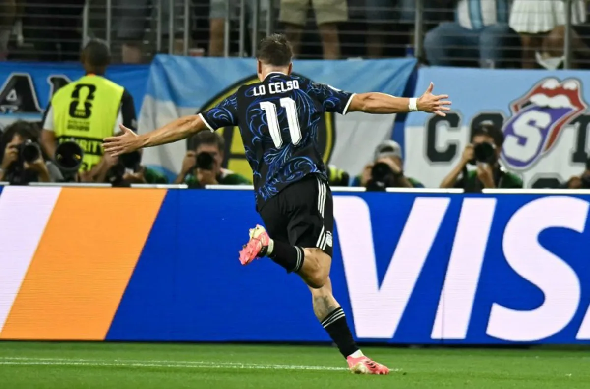 Argentina's midfielder #11 Giovani Lo Celso celebrates scoring his team's first goal during the 2026 World Cup Group J football match between Jordan and Argentina at the Dallas Stadium in Arlington on June 27, 2026.   Paul ELLIS / AFP