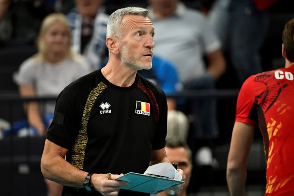 Belgium's Italian head coach Emanuele Zanini reacts during Men's EuroVolley 2026 Pool C match Serbia vs Belgium in Tampere, on September 17, 2026.   Emmi Korhonen / Lehtikuva / AFP