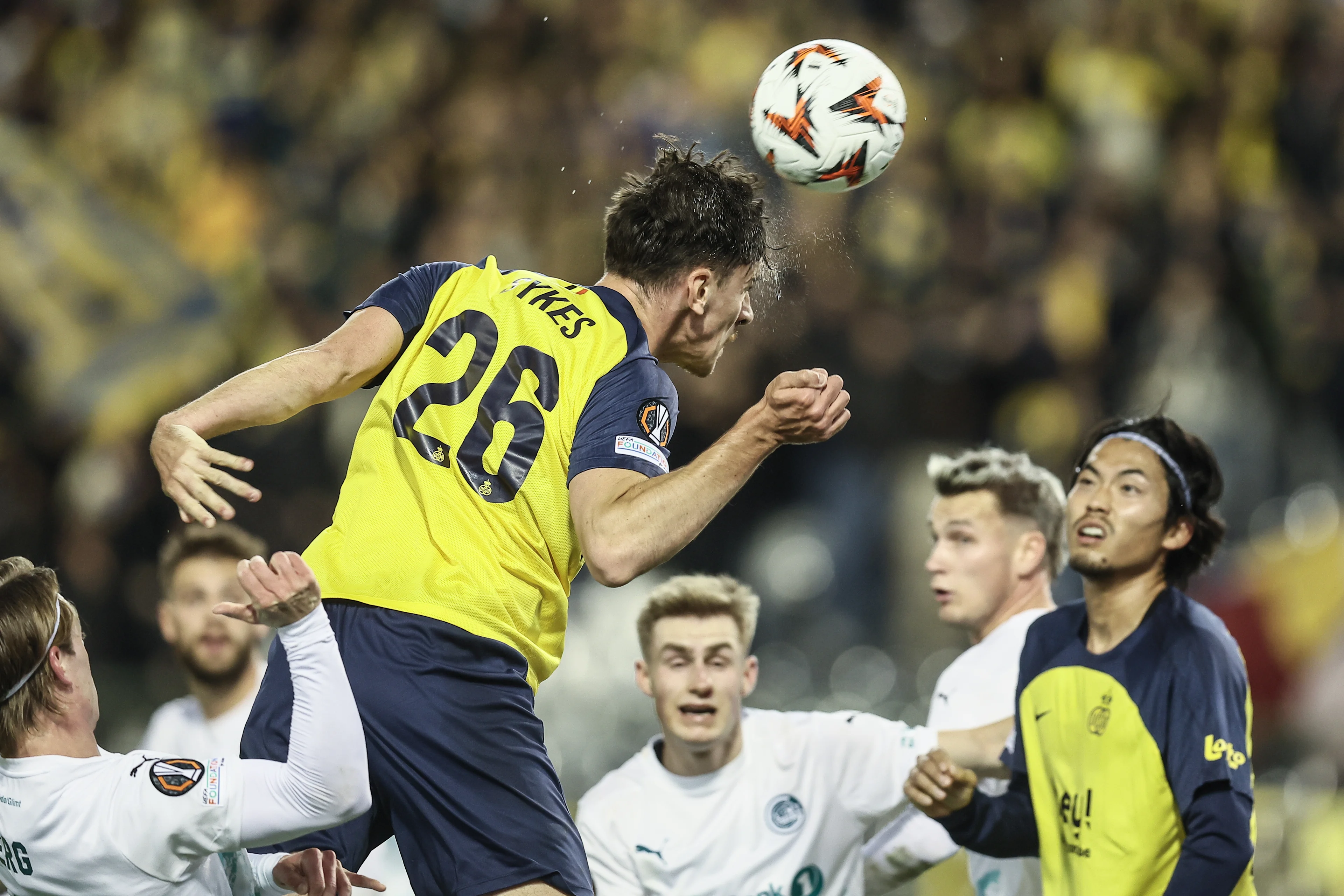 Union's Ross Sykes pictured in action during a soccer match between Belgian team Royale Union Saint-Gilloise and Norwegian team Bodo/Glimt, Thursday 03 October 2024 in Brussels, on the second day of the UEFA Europa League tournament. BELGA PHOTO BRUNO FAHY