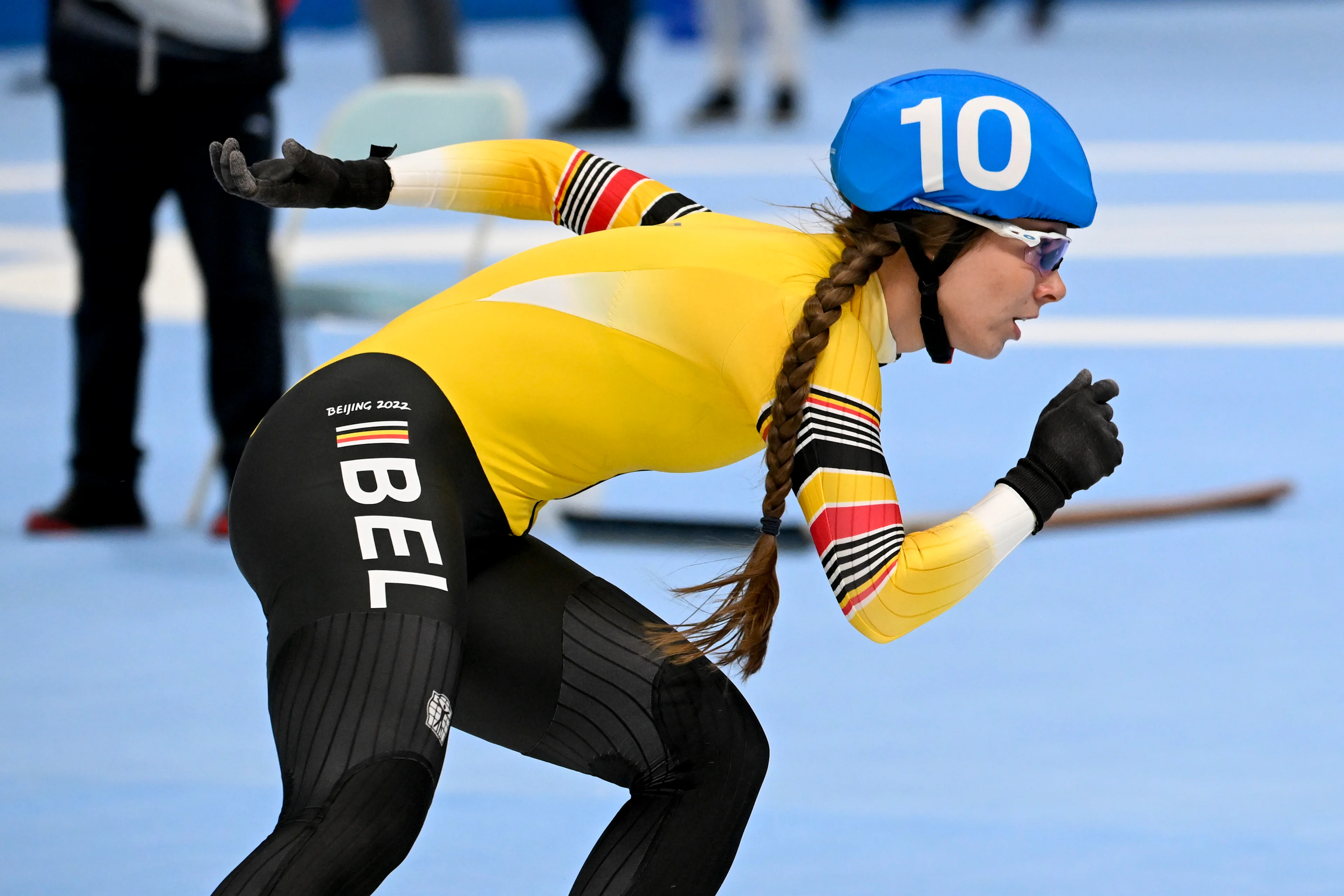 Belgian speed skater Sandrine Tas pictured during the semifinals of the women's mass start speed skating event at the Beijing 2022 Winter Olympics in Beijing, China, Saturday 19 February 2022. The winter Olympics are taking place from 4 February to 20 February 2022. BELGA PHOTO LAURIE DIEFFEMBACQ