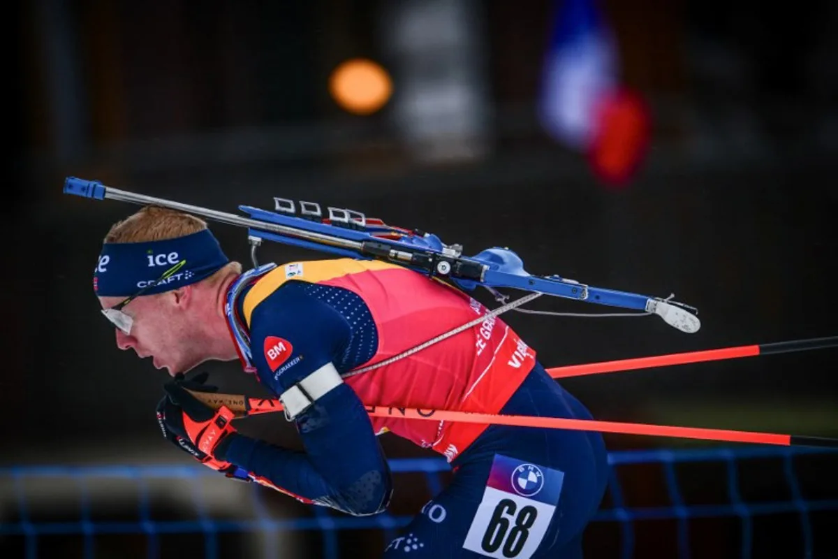 Norwegian biathlete Johannes Thingnes Boe competes in the men's 10 km sprint event of the IBU Biathlon World Cup in Le Grand Bornand near Annecy, southeastern France, on December 19,2024.  OLIVIER CHASSIGNOLE / AFP