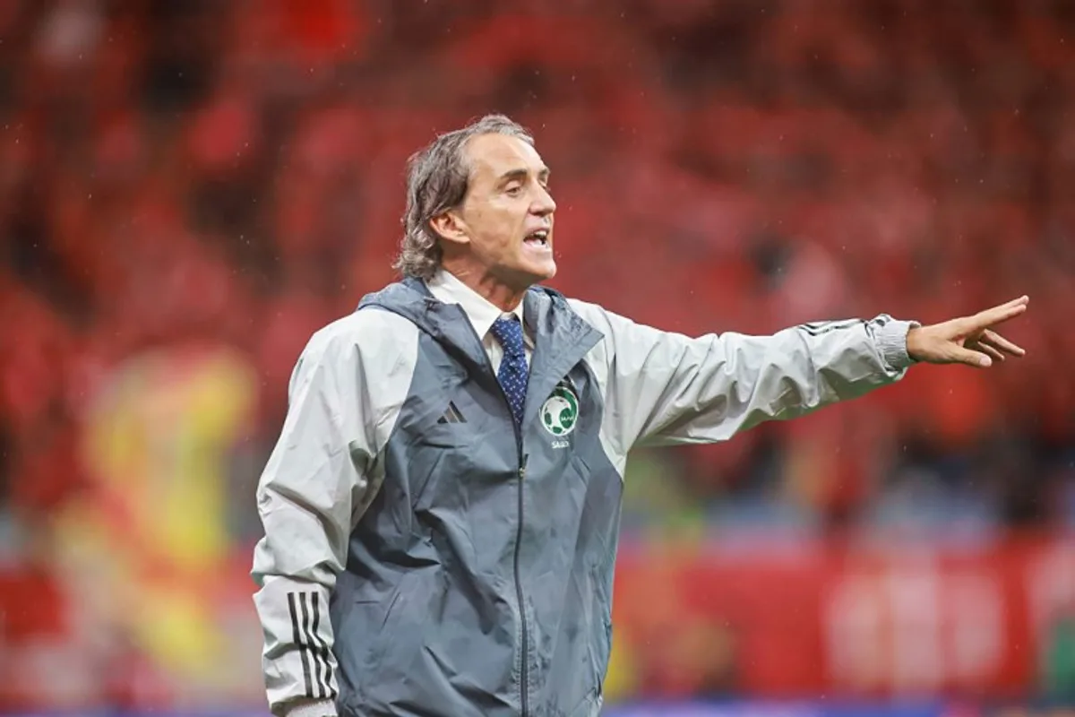 Saudi Arabia's head coach Roberto Mancini reacts during the 2026 FIFA World Cup qualifier football match between China and Saudi Arabia in Dalian, in northwestern China's Liaoning province on September 10, 2024.   STRINGER / AFP