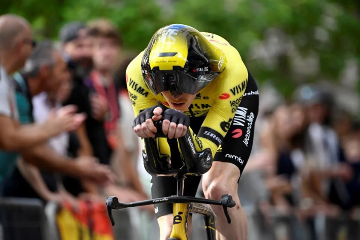 Team Visma-Lease a bike's US rider Matteo Jorgenson competes during the 18th stage of the Vuelta a Espana, a 26 km race against the clock between Valladolid and Valladolid, on September 11, 2025.    Miguel RIOPA / AFP