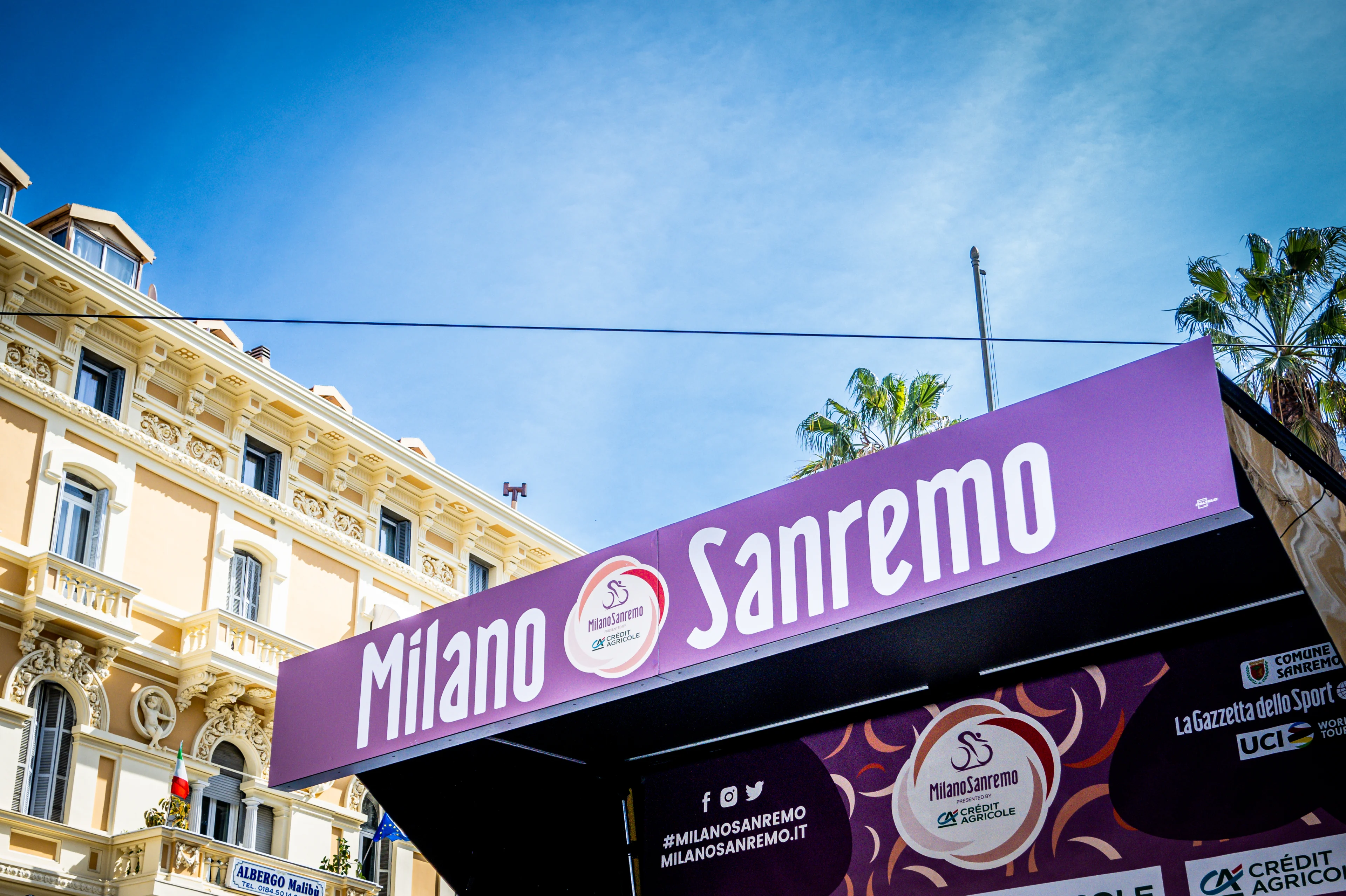 Illustration picture shows the podium pictured before the finish the 'Milano-Sanremo' one day cycling race, 294km from Milan to Sanremo, Italy, Saturday 18 March 2023. BELGA PHOTO JASPER JACOBS